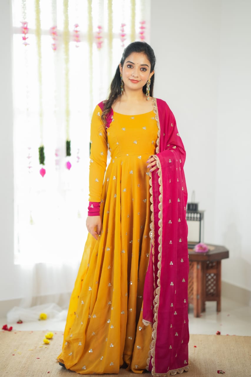 DD584 Trisha Yellow Anarkali Dress - Elegant Indian Ethnic Wear for Women, Perfect for Weddings, Festivals & Special Occasions
