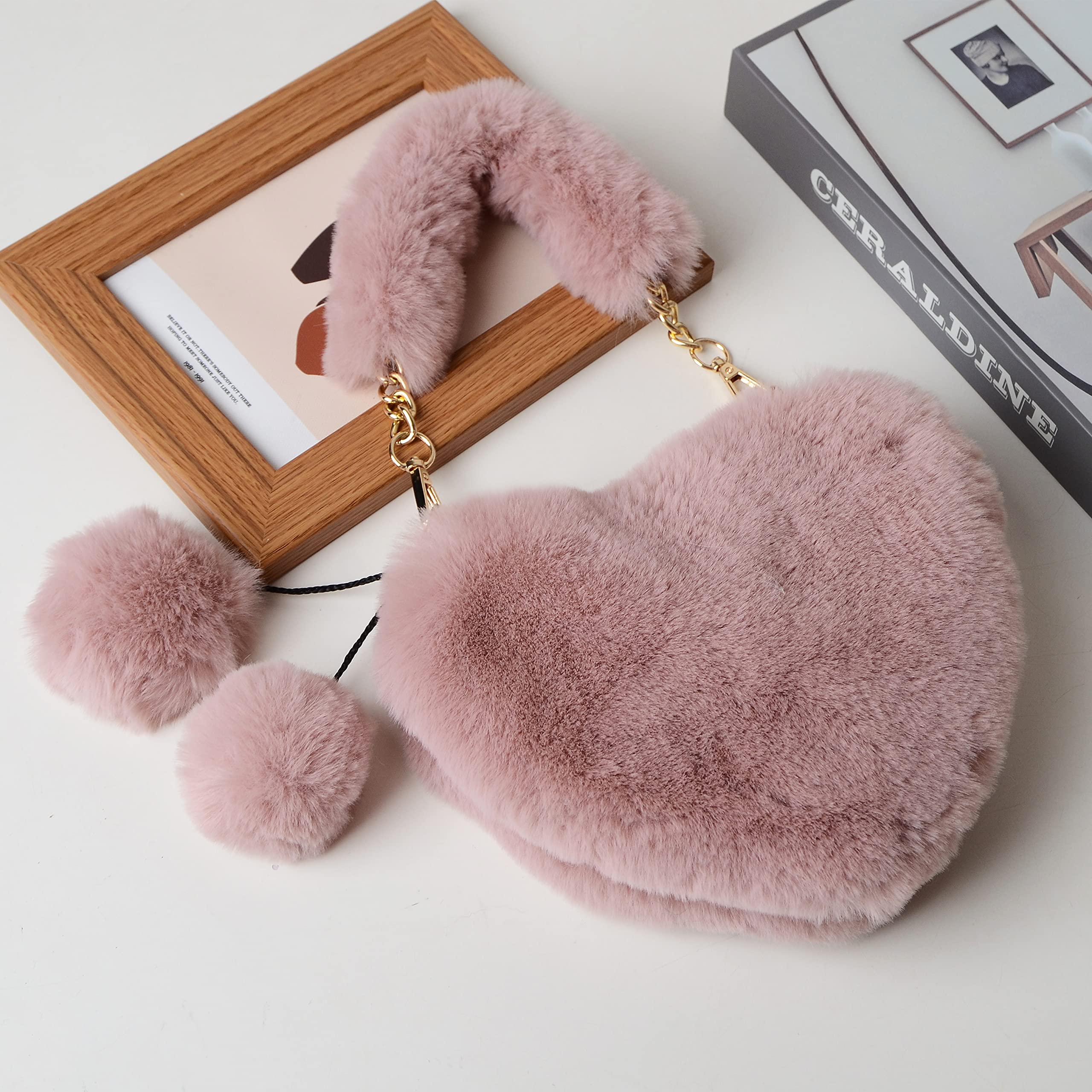 Rejolly Heart Shaped Faux Fur Handbag for Women & Girls - Soft Fluffy Small Shoulder Bag Clutch Purse - Perfect for Parties, Dates & Everyday Use