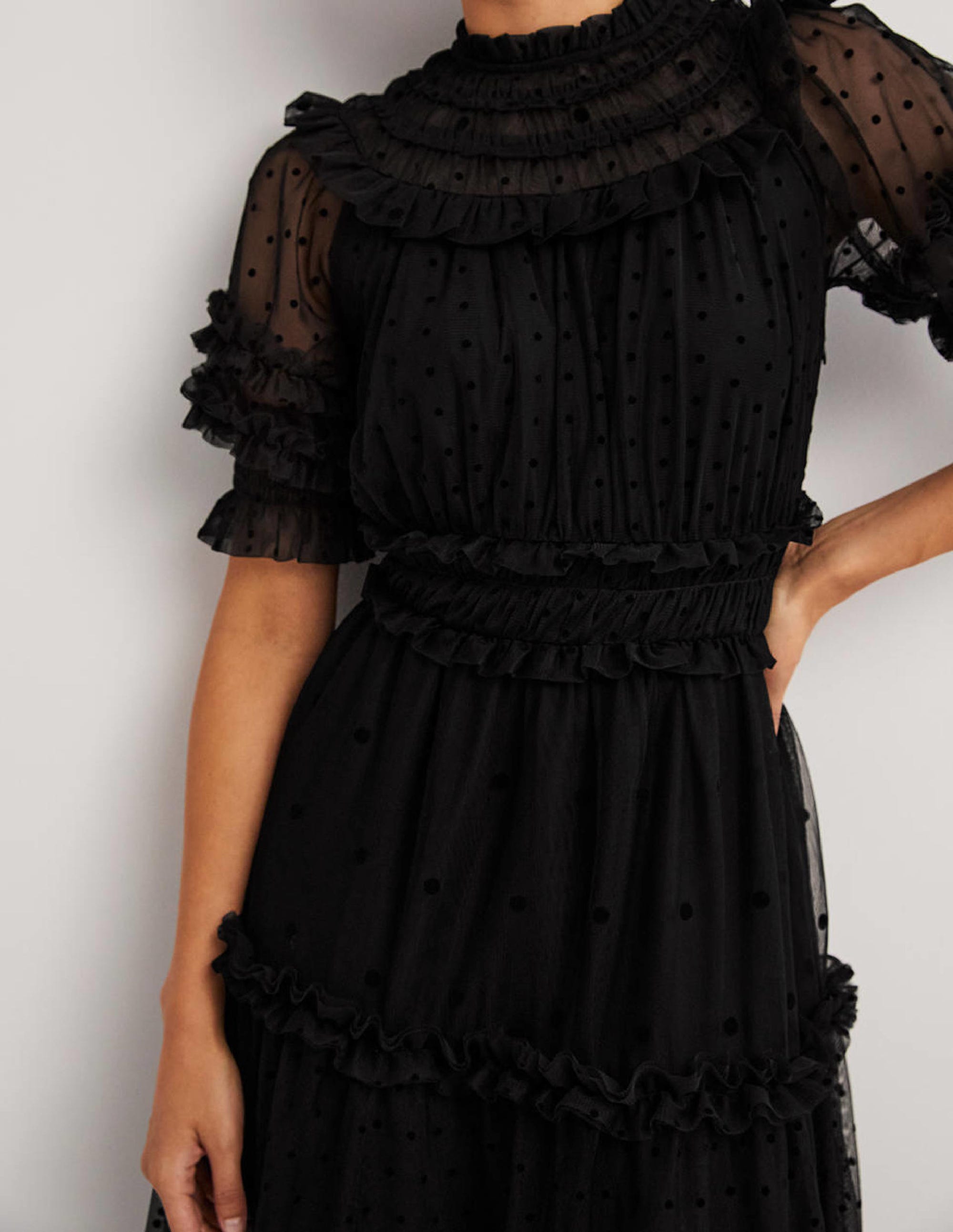 Elegant Black Polka Dot Tulle Midi Dress for Women - Perfect for Cocktail Parties, Date Nights & Special Occasions