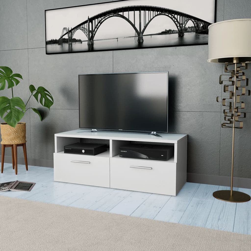 40 Inch TV Stand with 2 Open Shelves & 2 Cabinets - Sturdy Chipboard Entertainment Center for Living Room & Bedroom - Matte White Media Console for TV, Gaming & Home Theater Setup
