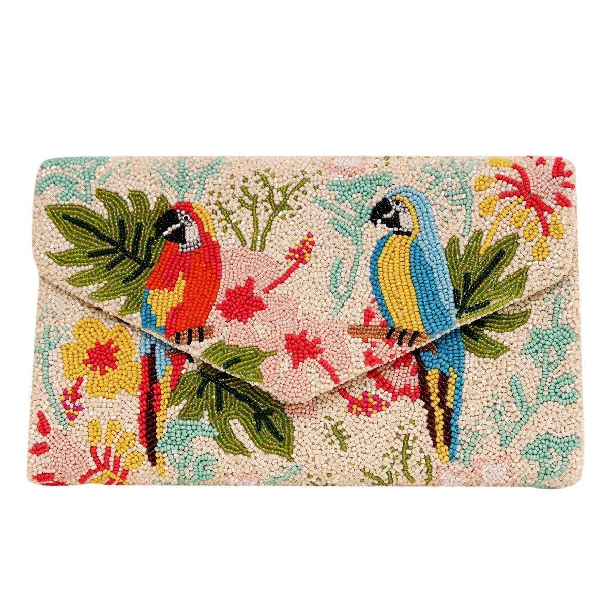 Stylish Beaded Tropical Parrot Envelope Clutch Handbag for Women - Perfect for Parties, Weddings & Evening Events