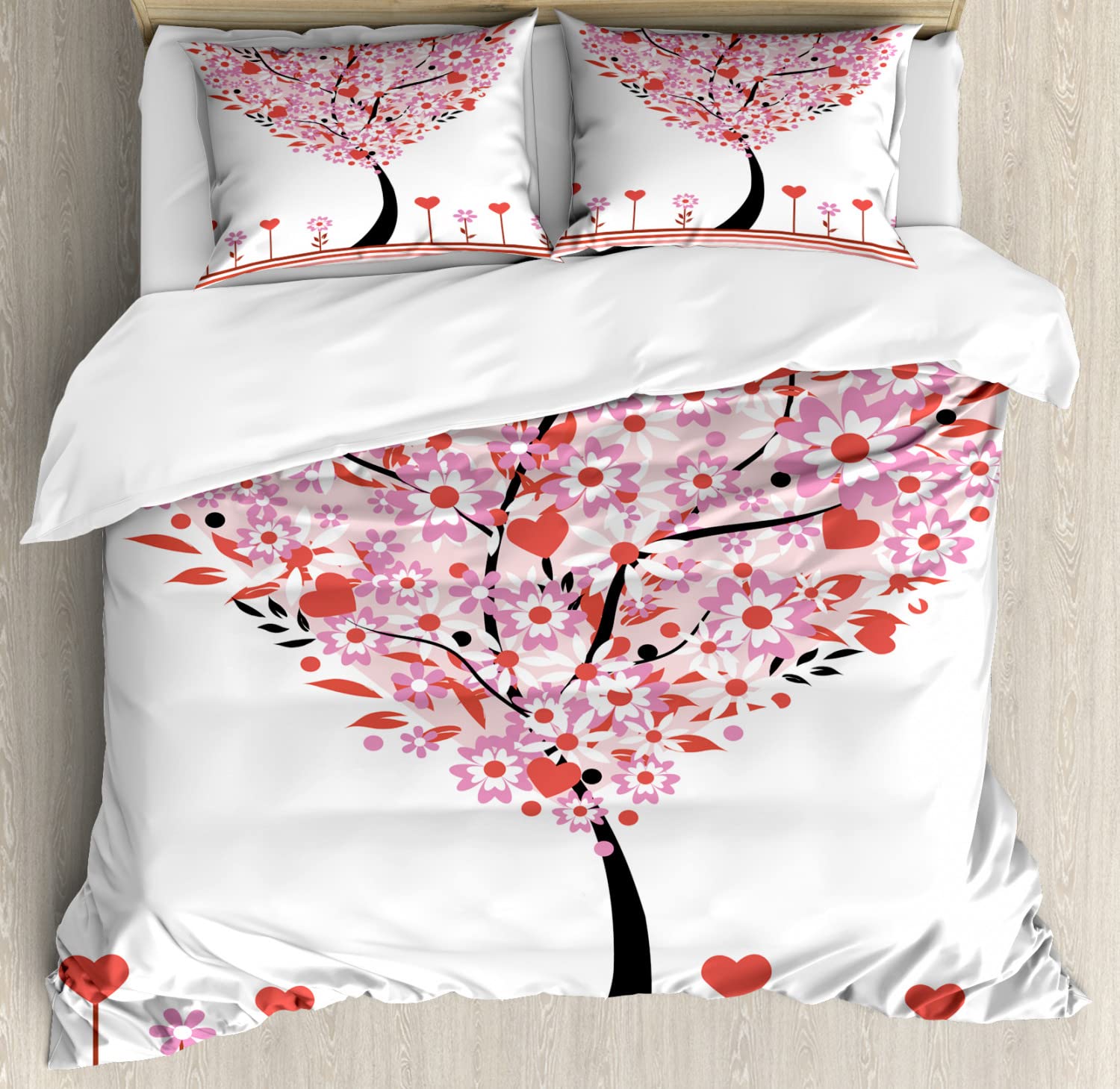 Ambesonne Valentine Duvet Cover Set - Queen Size 2-Pack with Heart Tree & Wildflower Design, Includes 2 Duvet Covers & 4 Pillowcases - Romantic Red Leaves Forest Theme for Bedroom Decor, Perfect for Valentine's Day, Anniversary or Couples Gift