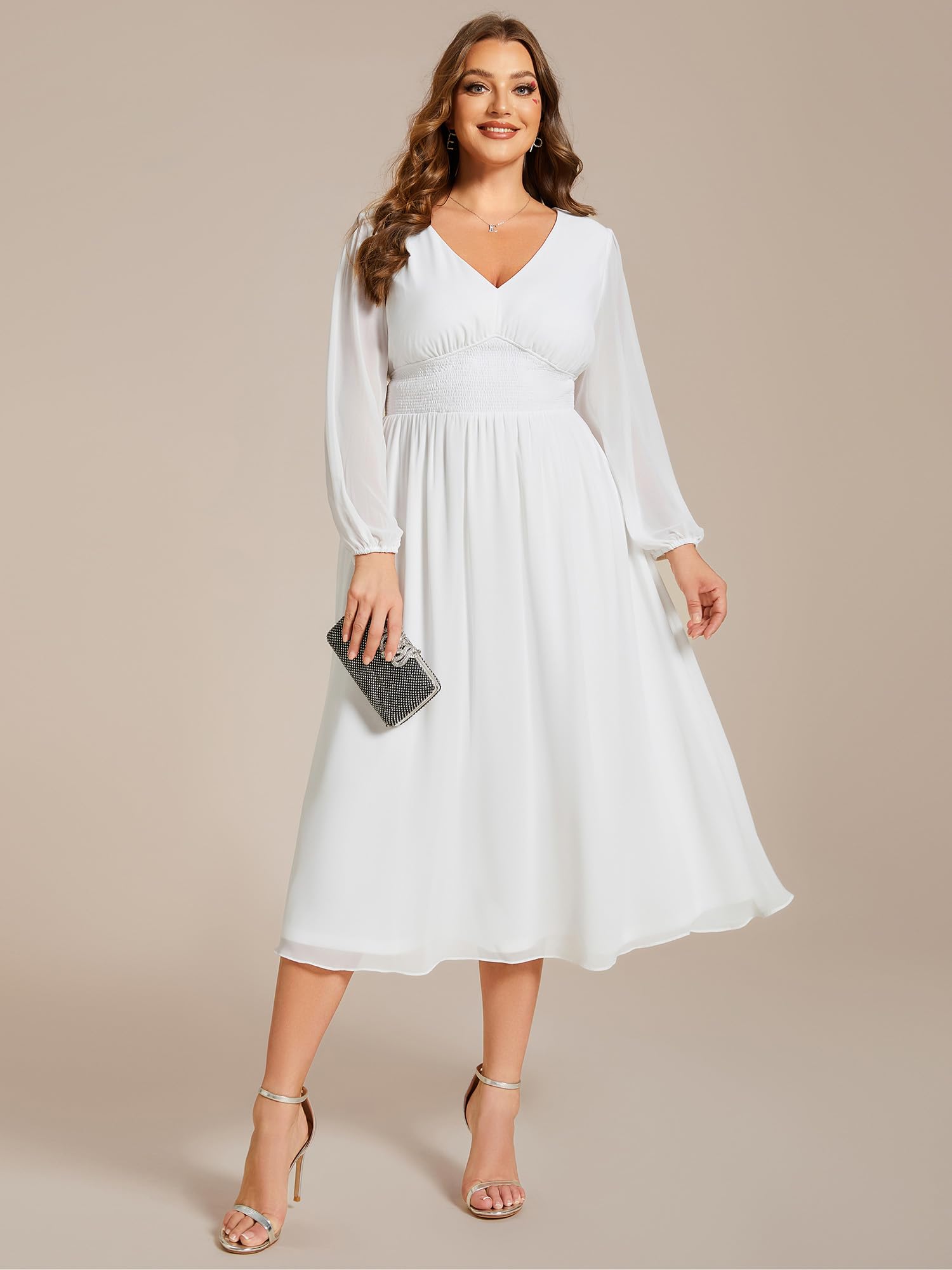 Ever-Pretty Women's Plus Size A-Line V-Neck Lantern Sleeve Midi Formal Dress for Curvy Women 01929-DA - Perfect for Weddings, Parties & Special Occasions