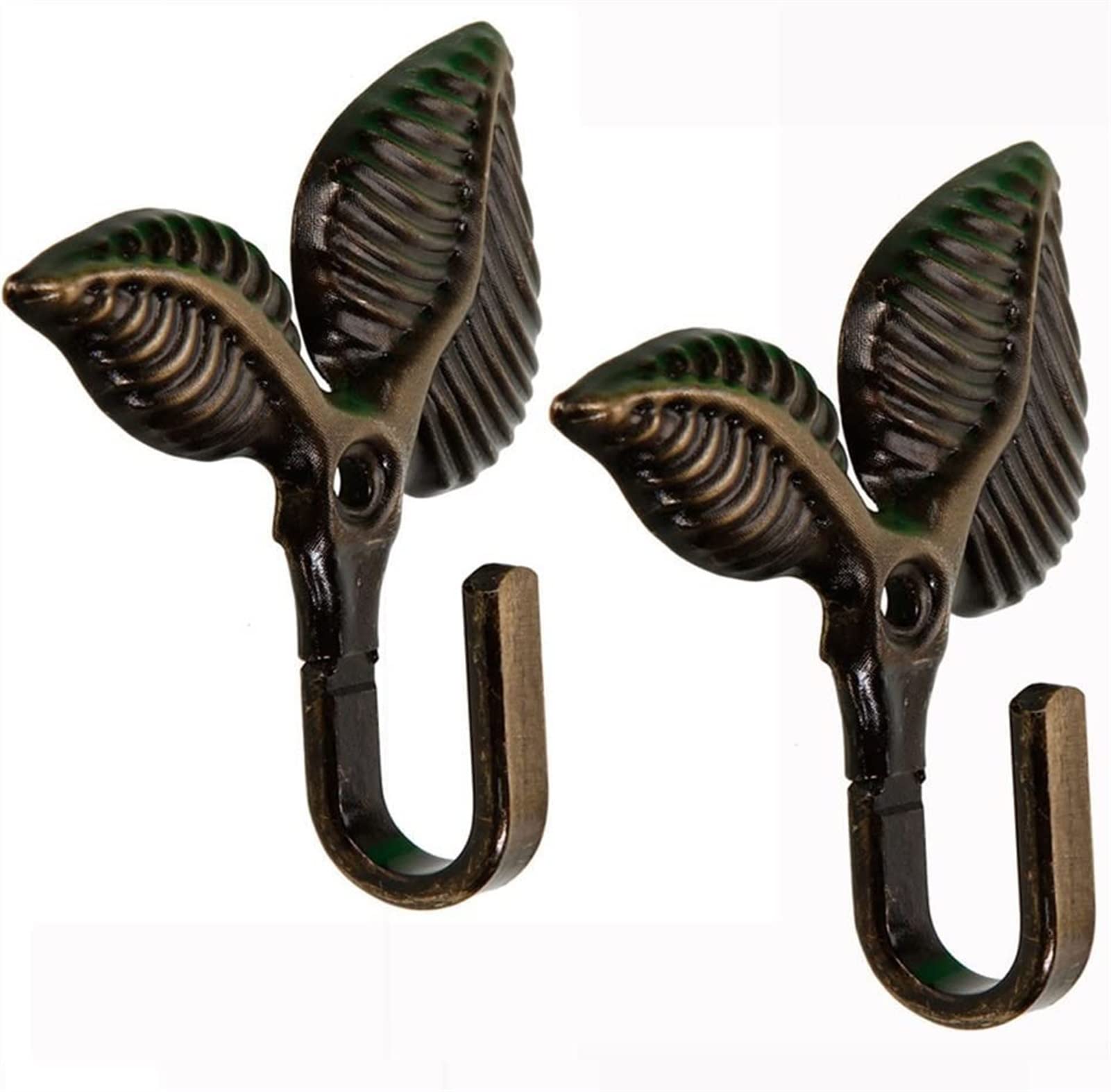 SENTIM Pack of 2 Metal Leaf Pattern Wall Hooks - Key Holder, Coat Hanger, Bag Hook for Entryway, Bedroom & Bathroom Organization - Antique Green Copper Finish