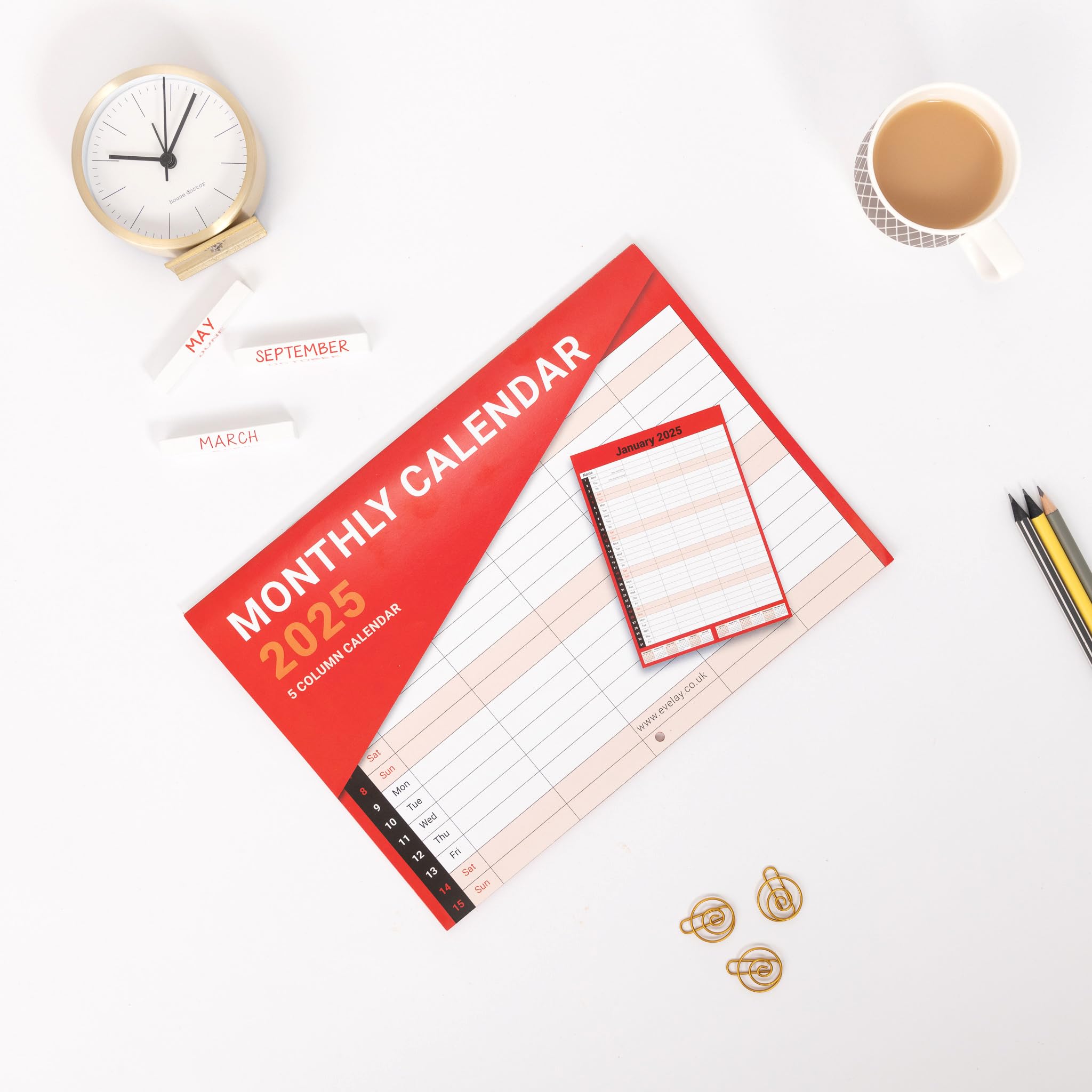 2025 Family Calendar A3 Size - 5 Column Monthly Wall Planner with Red & White Design - Perfect for Home, Office & School Organization