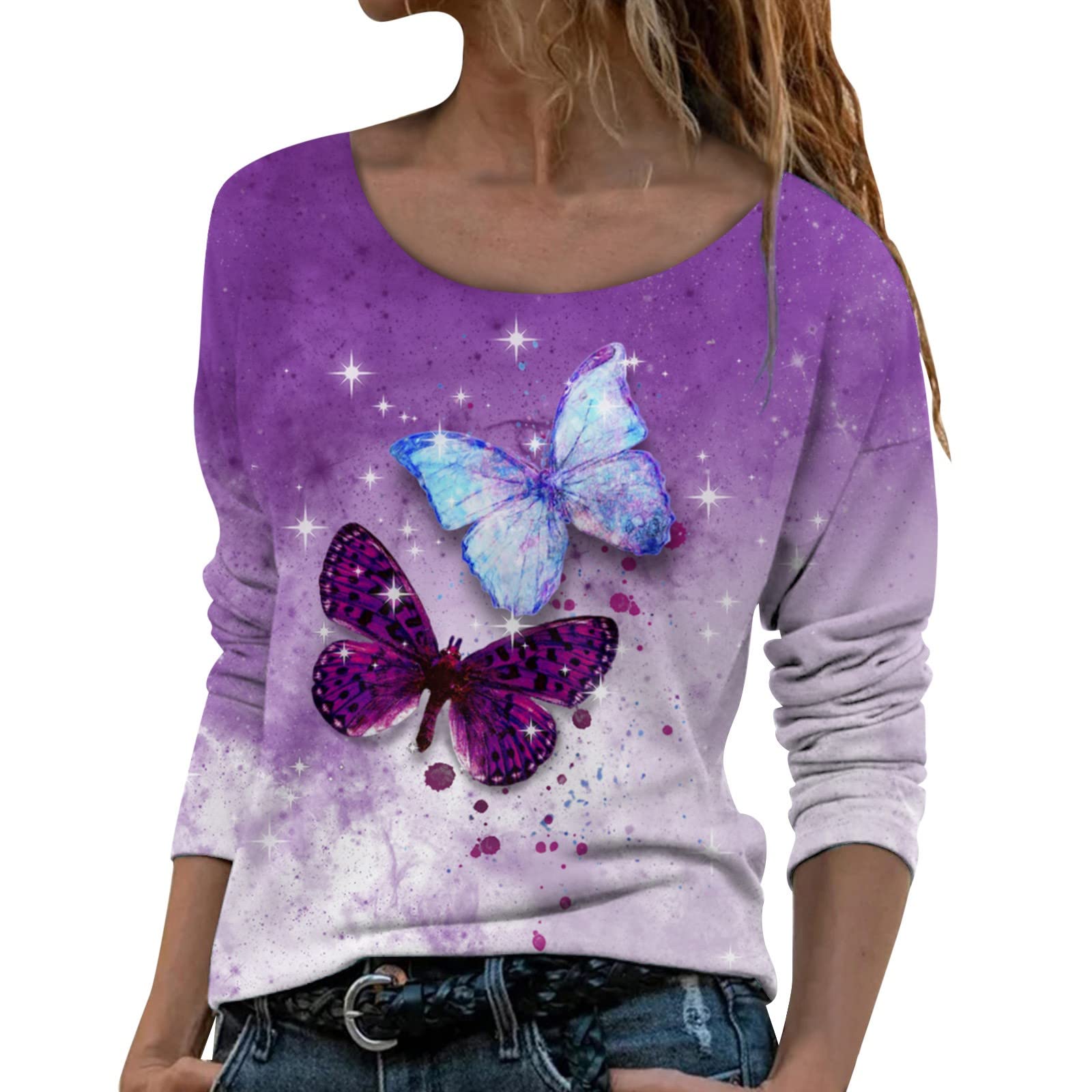 Women's Casual Gradient Color T-Shirts - Summer & Fall Long Sleeve Round Neck Loose Fit Basic Tees for Everyday Wear, Work & Weekend Outfits