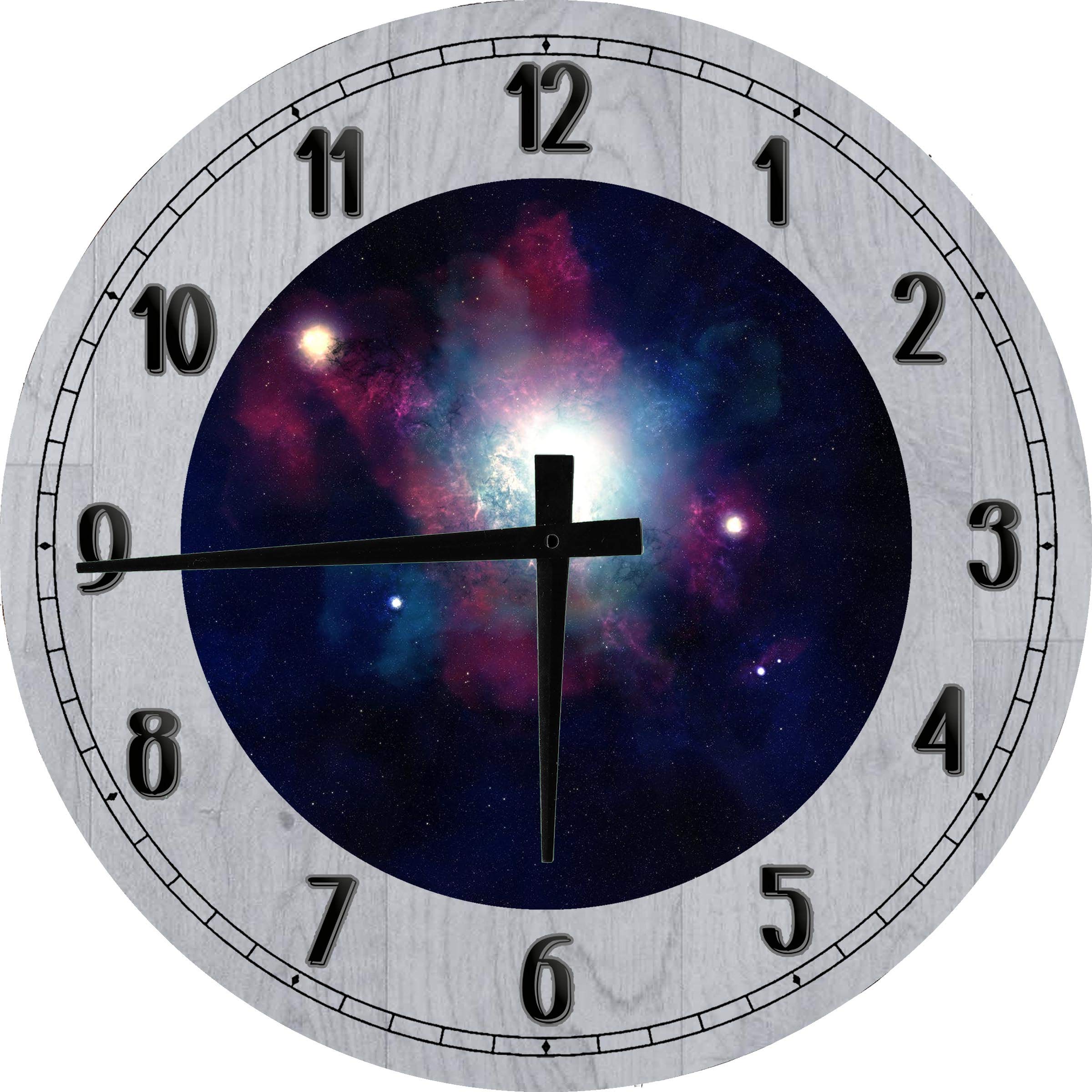 Large 18 Inch Gray Round Wood Wall Clock with Space Wall Art Stars at Night Design - Perfect for Bedroom, Living Room & Home Decor