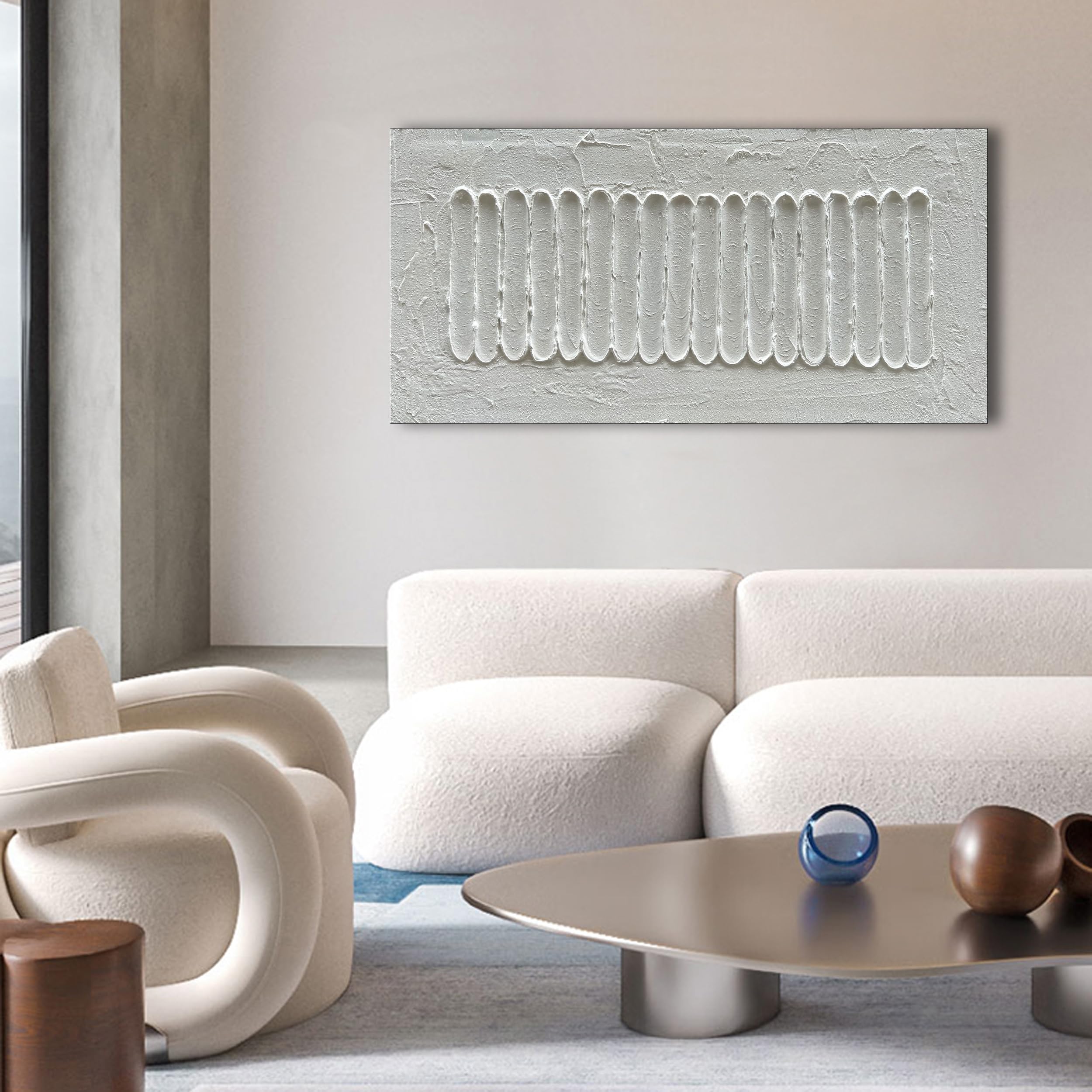 NANKAI 24x48 Inches White Minimalist Abstract Oil Painting - Hand Painted Thick Texture Canvas Wall Art for Living Room, Bedroom & Office Decor