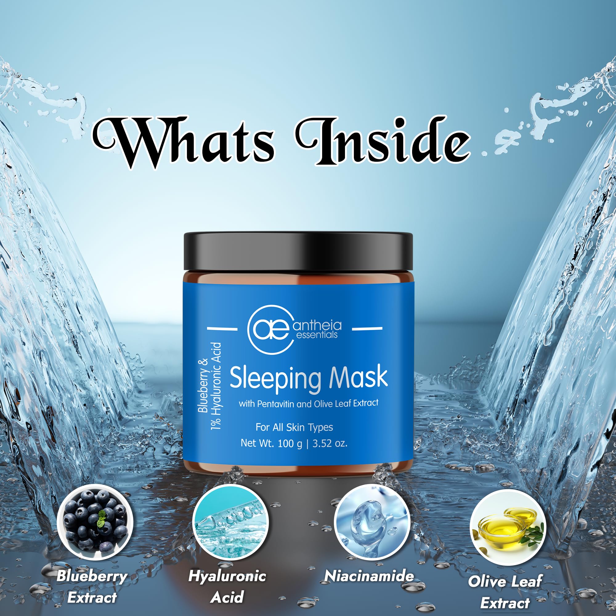 Antheia Essentials Blueberry Sleeping Face Mask with Collagen Booster - Overnight Hydration for Glowing Skin | Cell Regeneration & Antioxidant-Rich Formula for Men & Women | 100g | Perfect for Nighttime Skincare Routine & Post-Travel Skin Recovery