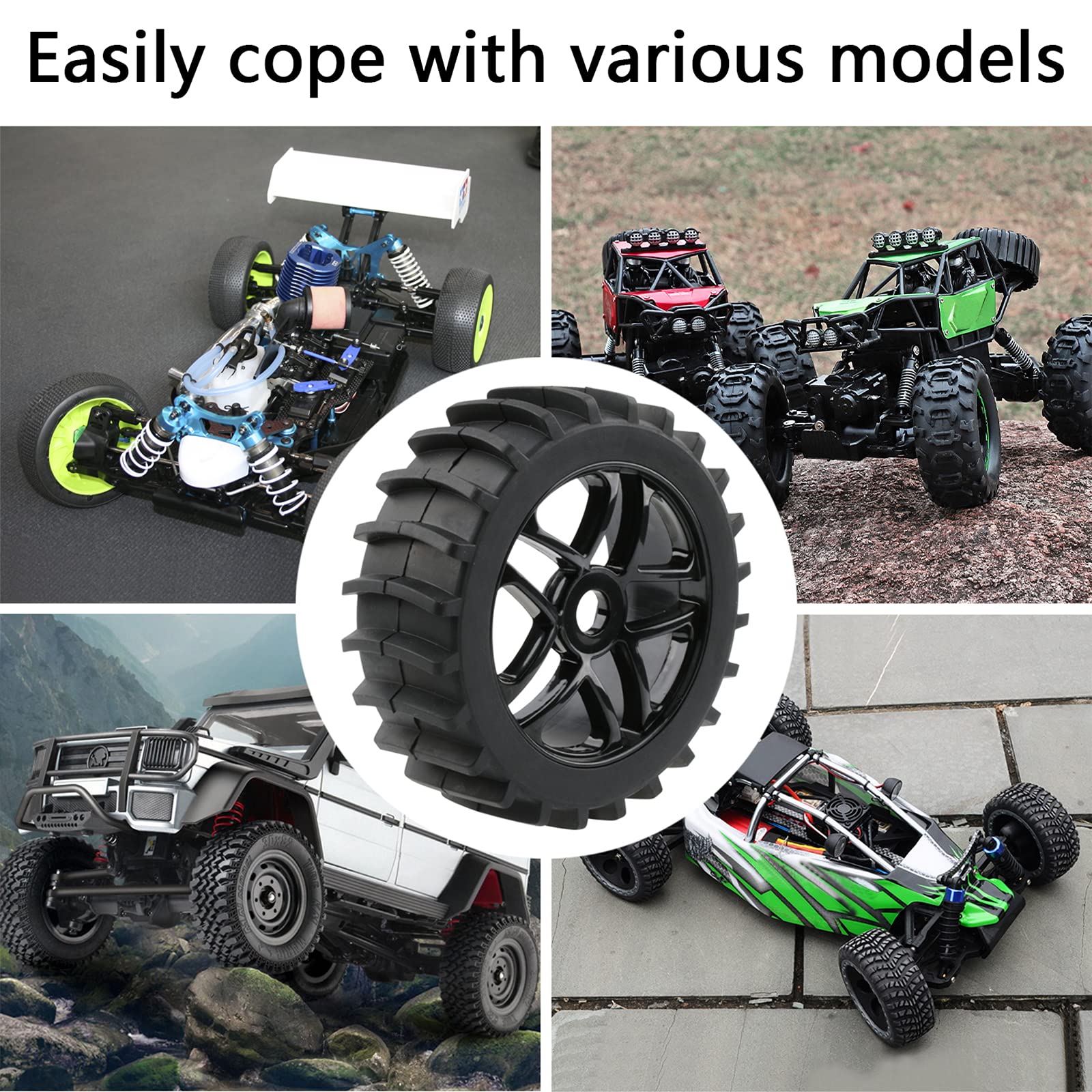 1/8 Scale RC Off-Road Buggy Tires & Wheels Set - 4pcs 17mm Hex Tires with Hex Adapters, Nuts & Wrench for Sand, Snow, Rally & Short Course Terrain - Durable Black RC Car Tires for Hobbyists & Racers (Perfect for Bashing, Crawling & Competitive Racing)