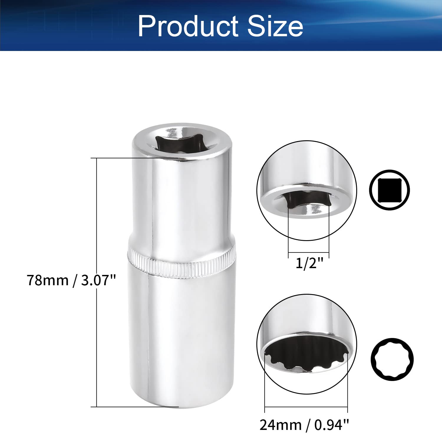 1/2 Inch Drive Deep Socket Set - 24mm 12-Point Torx Socket (3-Piece) | Cr-V Steel Metric Sockets for Automotive Repair & DIY Projects