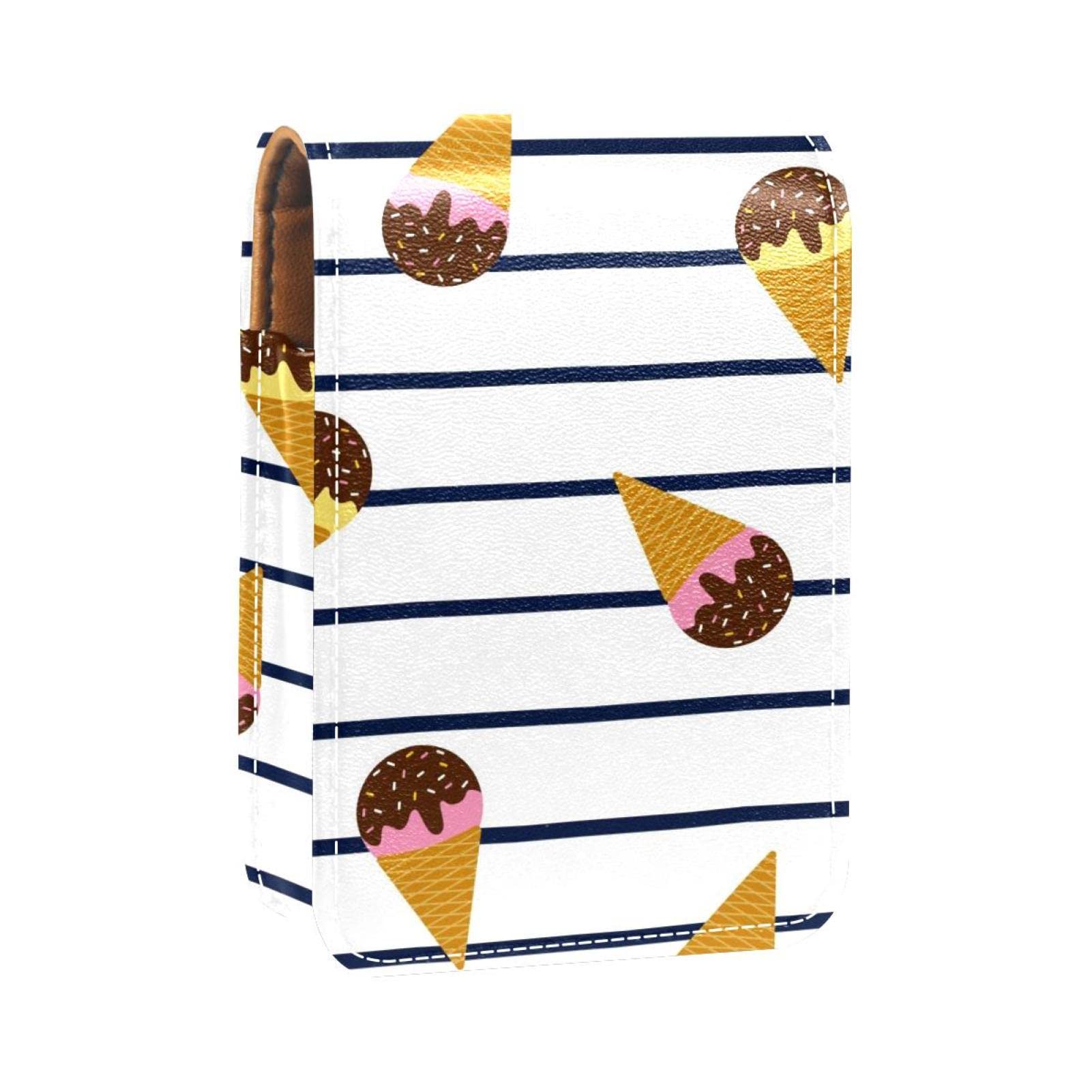 Personalized Lipstick Case - Portable Makeup Bag & Cosmetic Pouch Organizer for Women | Summer Ice Cream & Marine Stripes Design | Perfect for Travel, Daily Use & Gift Giving