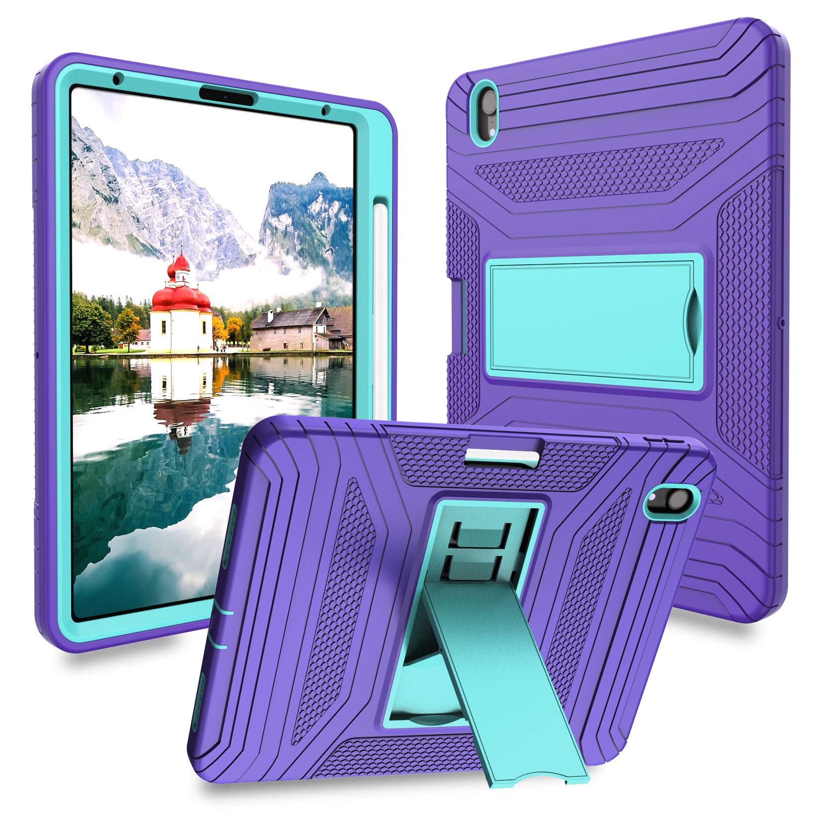 Premium Shockproof iPad Air 4 Case 2020 & iPad 10.9 Case - 3-Layer Protective Cover with 2nd Gen Apple Pencil Holder & Wireless Charging Support | Durable Purple/Cyan Case for iPad Air 4th Generation | Perfect for Work, Travel & School Use