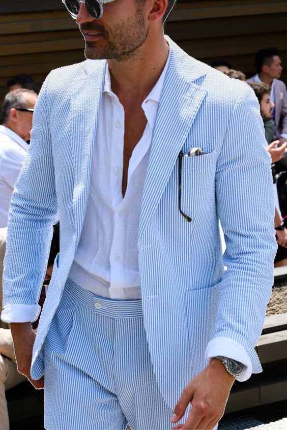 Men's Striped Seersucker Slim Fit Suit - Lightweight Summer Wedding Suit for Groom, Groomsmen & Beach Weddings | Perfect for Outdoor Ceremonies & Formal Events