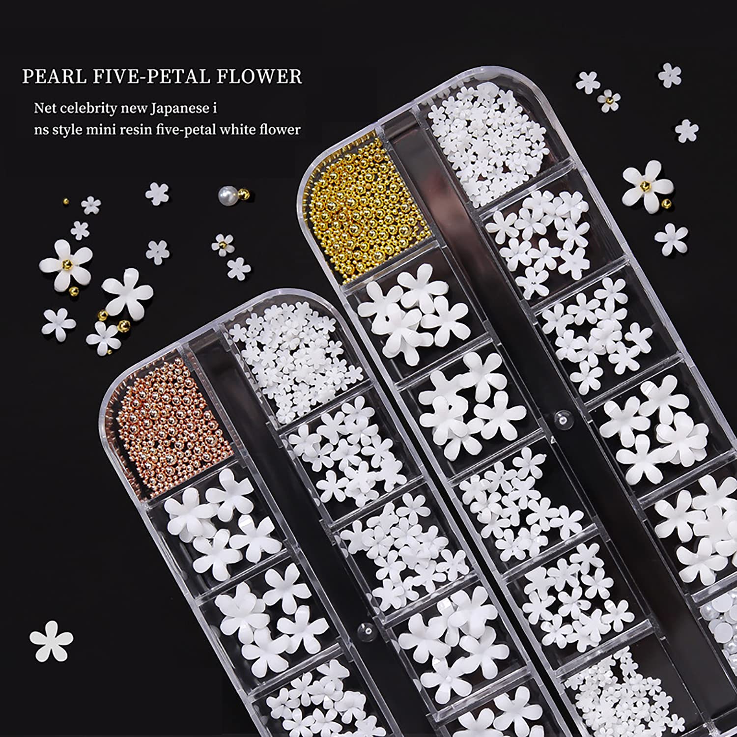 SILPECWEE 2 Boxes 3D Flower Nail Charms - Gold Nail Beads & White Floral Nail Jewelry Set with 1pc Tweezers & Picker Pencil for DIY Nail Art - Perfect for Bridal, Party, and Salon Nail Designs