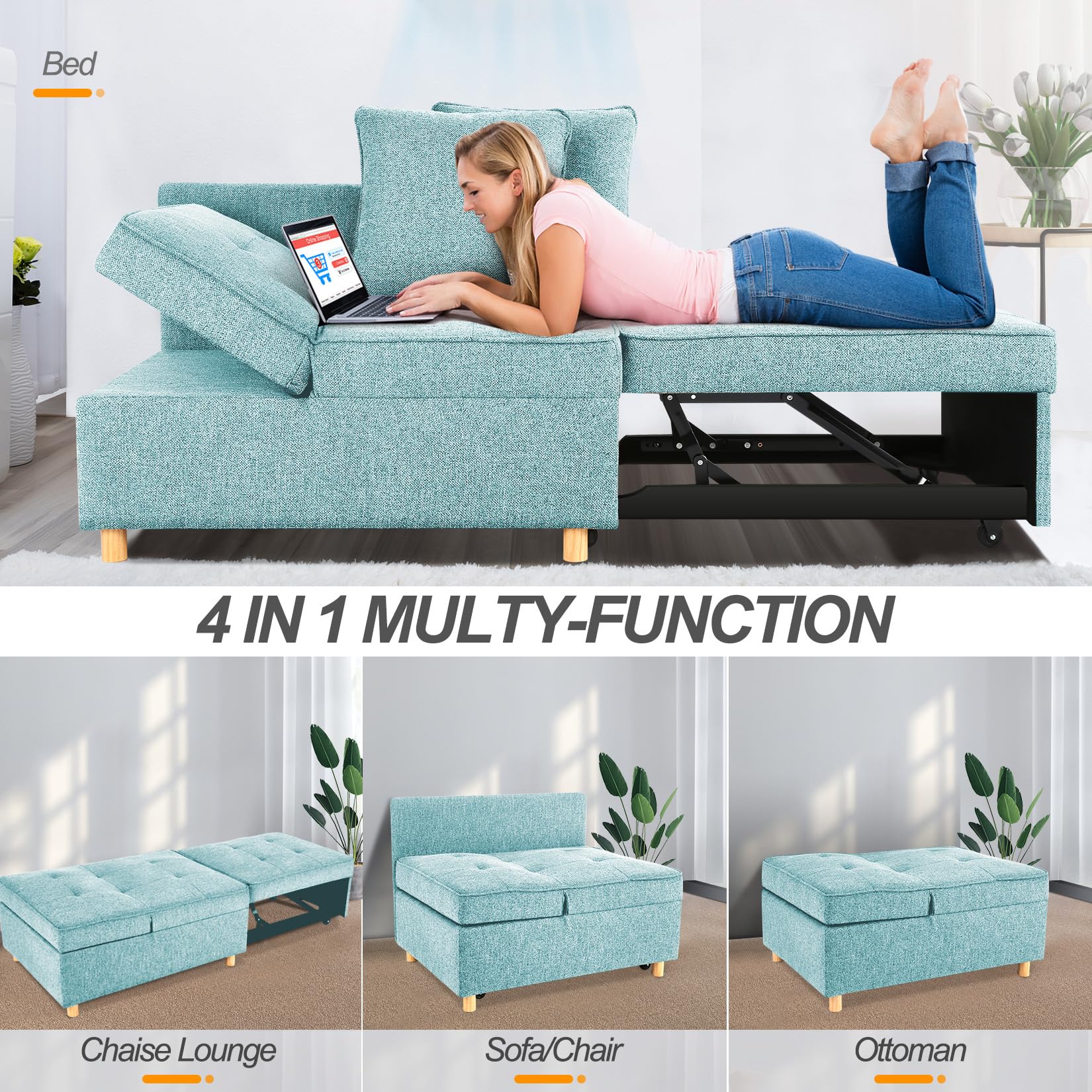 SEJOV 4-in-1 Convertible Sleeper Sofa Bed with Ottoman - Modern Blue Futon Couch with Adjustable Backrest, Armrests & 2 Pillows - Foldable Loveseat for Small Spaces, Apartments, Dorm Rooms & Home Offices - Perfect for Guest Sleeping, Lounging & Space Saving