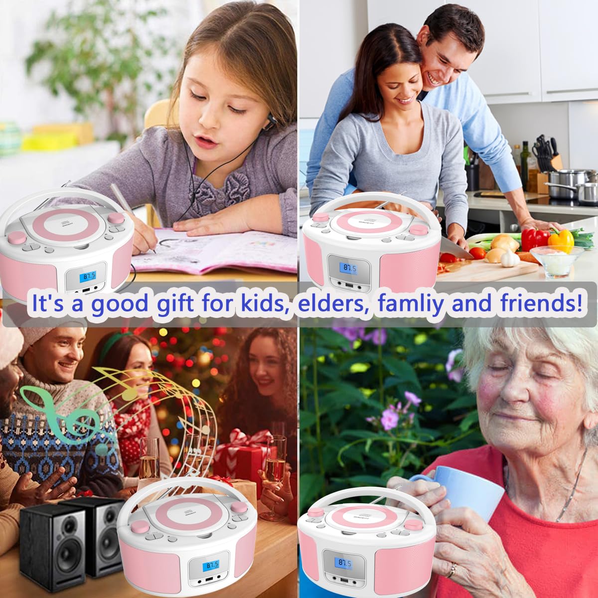 Portable Bluetooth CD Player Boombox with FM Radio, Remote Control, USB & AUX Input - Plays CD-R/CD-RW/MP3/WMA - AC/Battery Powered (WTB-791) - Perfect for Home, Office, Travel & Outdoor Parties