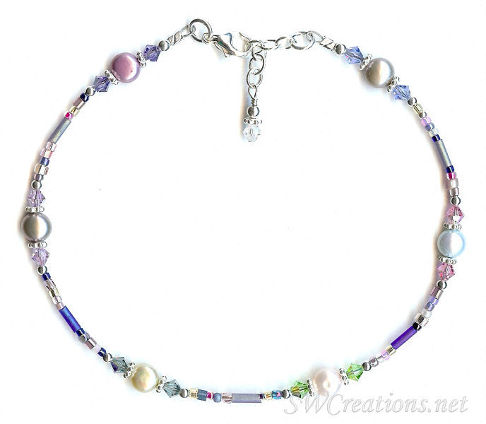 Blue Crystal Rose Pearl Silver Anklet - Elegant Ankle Bracelet for Women, Perfect for Weddings, Beach Parties & Summer Fashion Accessories