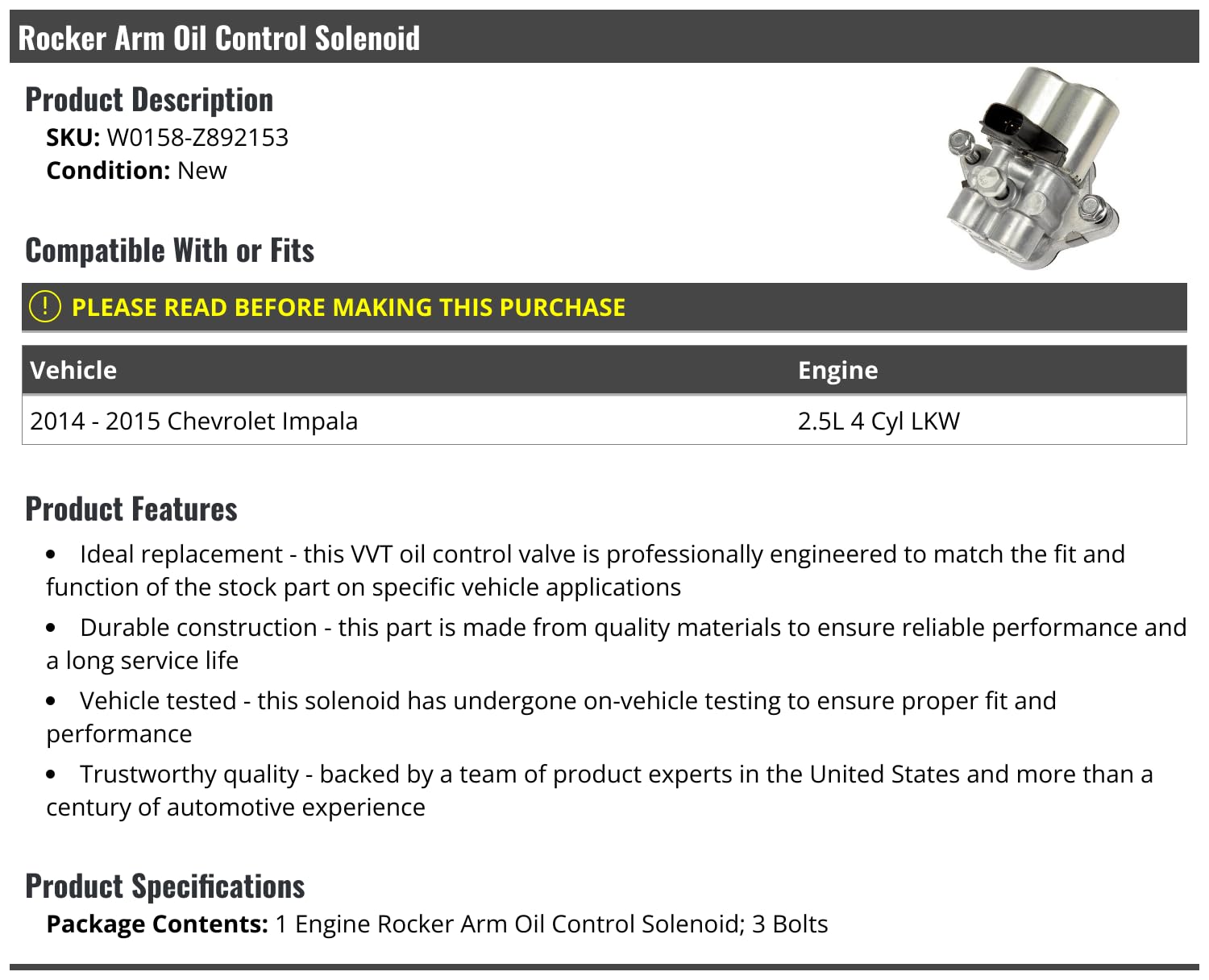 Rocker Arm Oil Control Solenoid for 2014-2015 Chevy Impala 2.5L 4-Cylinder LKW Engine - Replacement Part for Improved Engine Performance & Fuel Efficiency | Perfect for DIY Auto Repair & Maintenance
