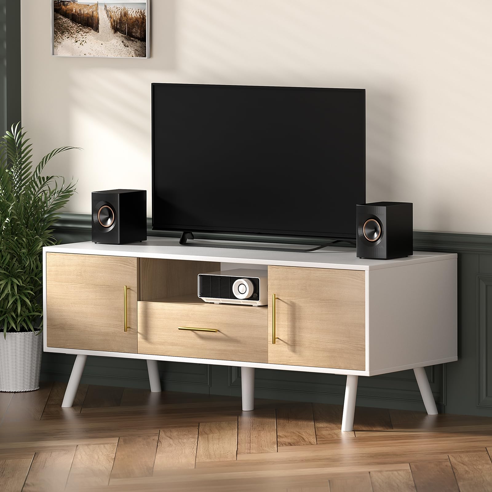 Giluta Modern 55 Inch TV Stand with Storage - White & Oak Finish TV Table, Media Console with Drawers for Living Room & Bedroom - Perfect Entertainment Center for Home Theater Setup