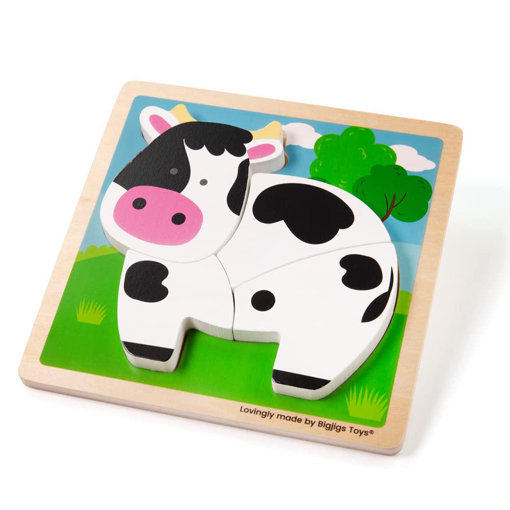 Bigjigs Toys Wooden Chunky Lift & Learn Farm Animal Puzzle - Cow | Montessori Educational Toy for Toddlers & Preschoolers | Perfect for Early Childhood Development & Farm-Themed Playtime