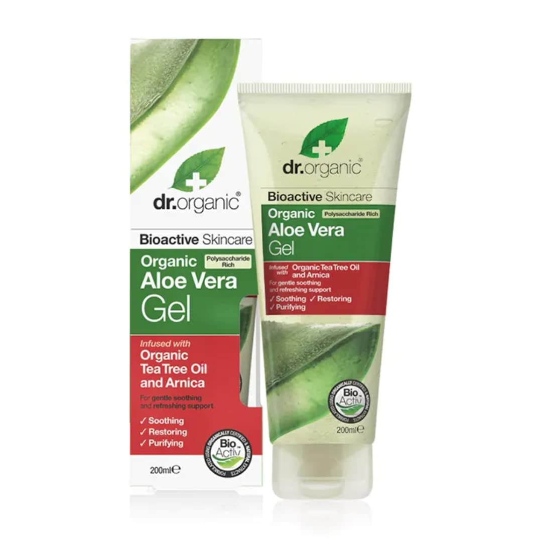 4-Pack Dr Organic Aloe Vera Gel with Tea Tree Oil - 200ml Each - Soothing Skin Care for Sunburn, Acne & Dry Skin Relief - Perfect for Face, Body & Hair Hydration