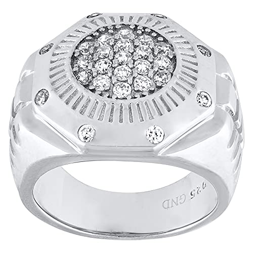 925 Sterling Silver CZ Octagonal Men's Ring - 15.02g, 18x7.3mm Wide - Size 7/8/9/10 - Elegant Wedding Band, Anniversary Gift for Him, Everyday Fashion Jewelry for Men