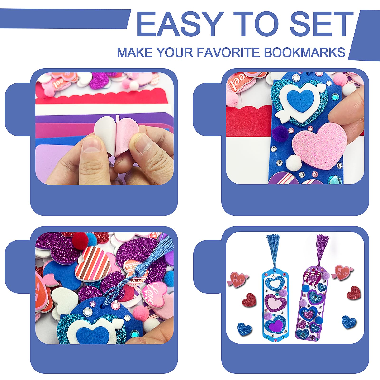 24 Sets Valentine's Day DIY Craft Kit for Kids - Foam Bookmarks with Self-Adhesive Heart Stickers & Pom Poms - Classroom Activity Supplies, Party Favors, Gift Exchange Ideas for Valentine's Day Celebrations