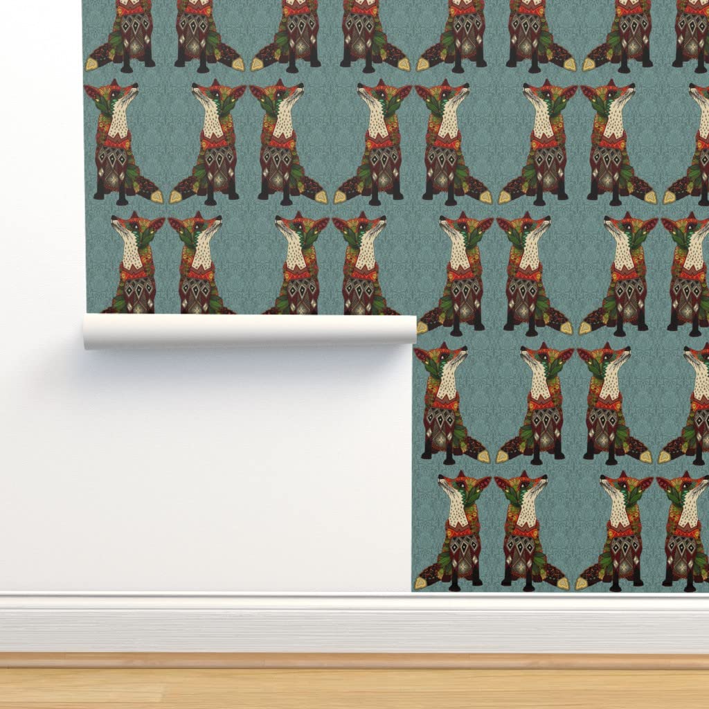Peel & Stick Removable Wallpaper 12ft x 2ft - Fox Woodland Illustration with Damask Fall Flowers Design | Custom Self-Adhesive Wallpaper for Bedroom, Nursery, or Home Decor | Perfect for Renters & DIY Projects