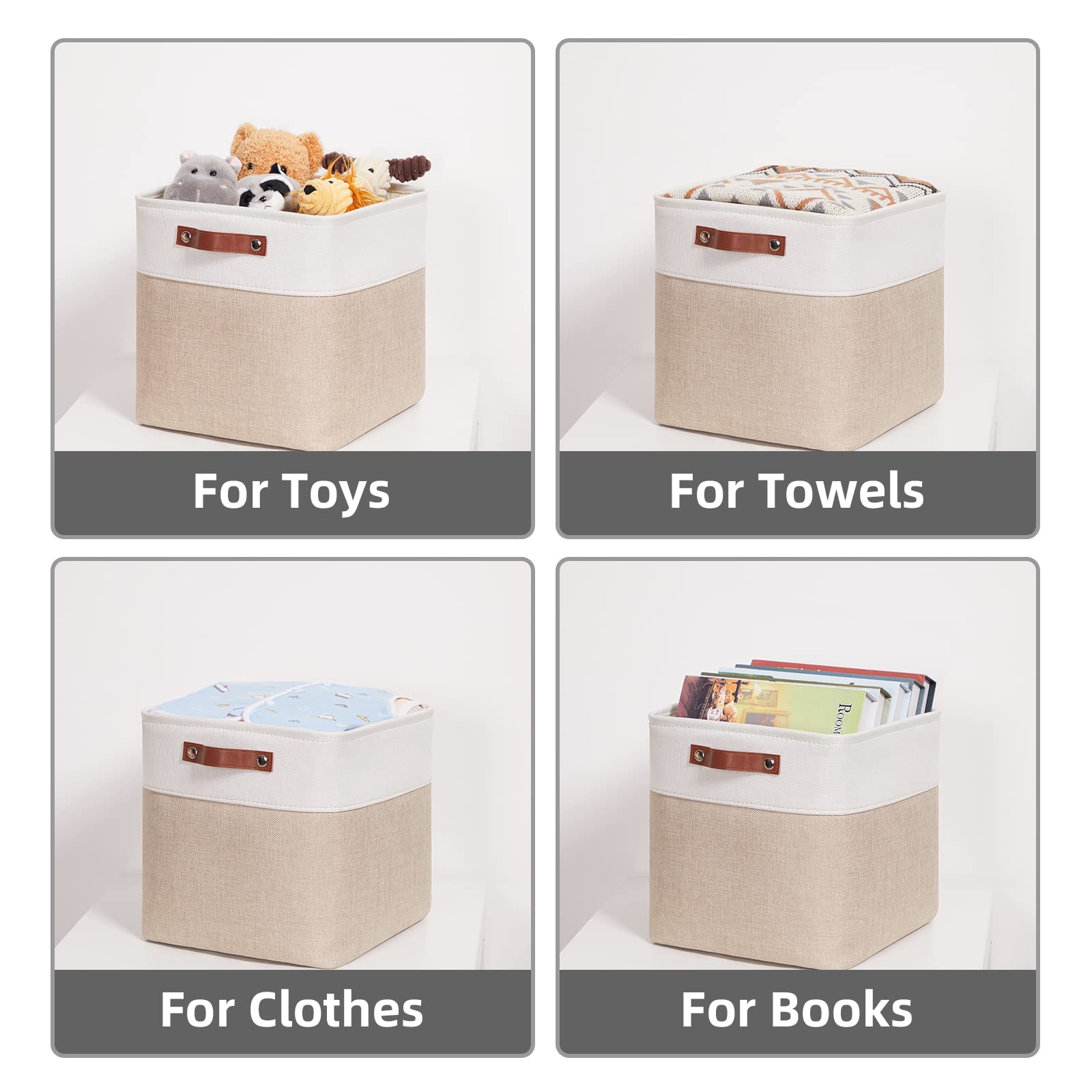 HNZIGE Foldable Storage Baskets 4 Pack - 12x12 Cube Organizer Bins for Shelves, Closet, Home & Office Organization - White & Beige Fabric Storage Boxes with Handles | Perfect for Bedroom, Nursery, Pantry & Toy Storage
