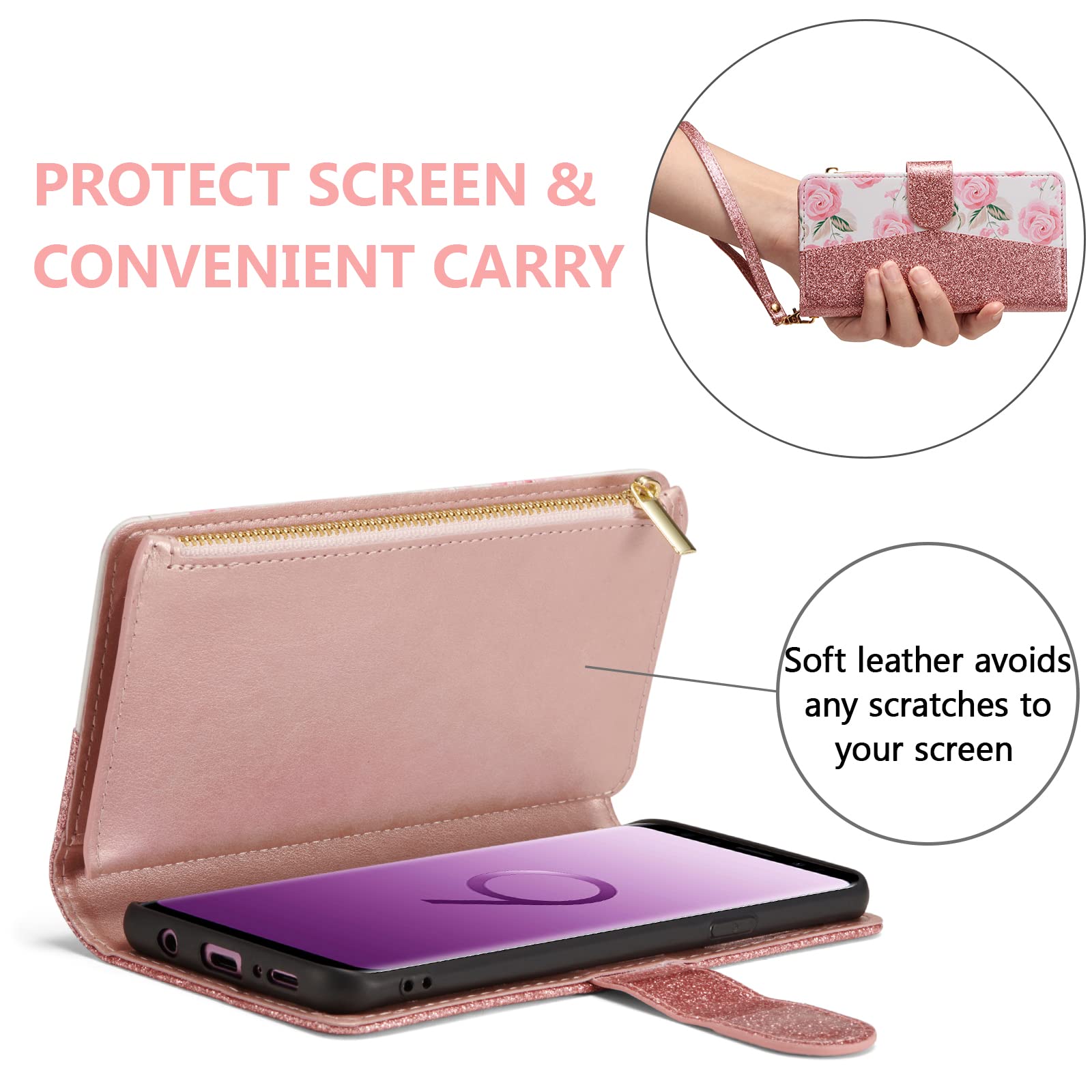 Premium PU Leather Wallet Case for Samsung Galaxy S9 Plus - Magnetic Closure, Zipper Pocket, Kickstand & Card Slots with Hand Strap | Stylish Flip Phone Case for Women | Perfect for Work, Travel & Everyday Use