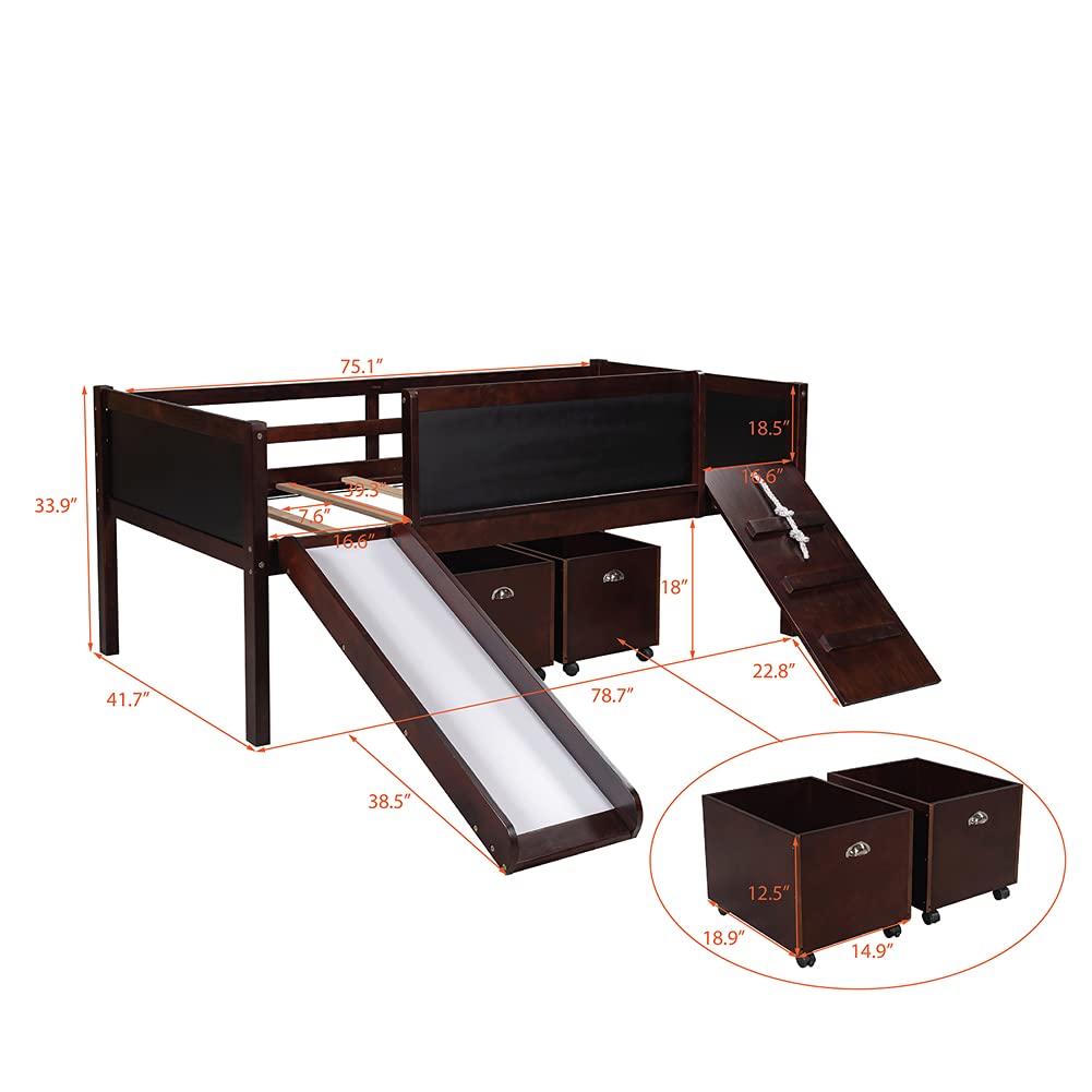 Pinewood Low Loft Twin Bed with Slide, Chalkboard & Climbing Frame - Kids & Teens Fun Furniture with Guardrails & Under-Bed Storage (Espresso) - Perfect for Small Bedrooms, Playrooms & Dorm Rooms