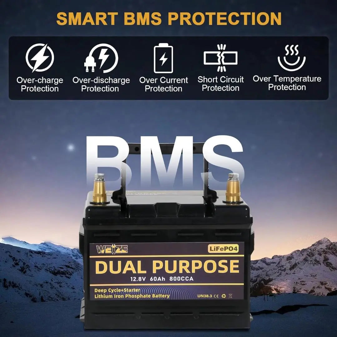 WEIZE 12V 60AH LiFePO4 Lithium Battery - Dual Purpose Starter & Deep Cycle Battery for Marine, RV, Solar - Perfect for Boats, Campers, Off-Grid Power & Backup Energy Storage