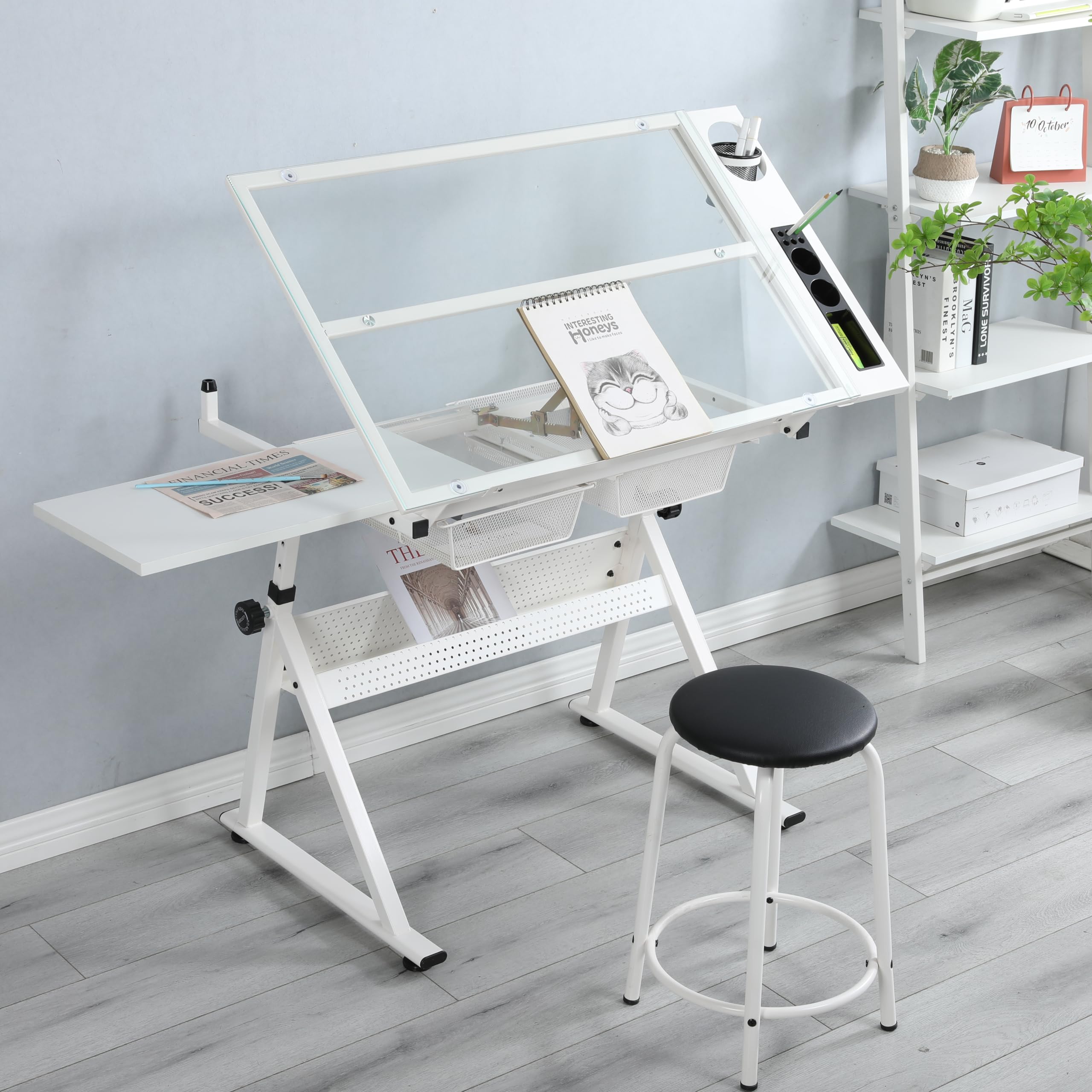 Adjustable Drafting Table with Tilting Glass Top & Stool - Multifunctional Art Craft Drawing Desk, Study Metal Workstation with Storage - Perfect for Home Office, Studio & Creative Workspaces (White)