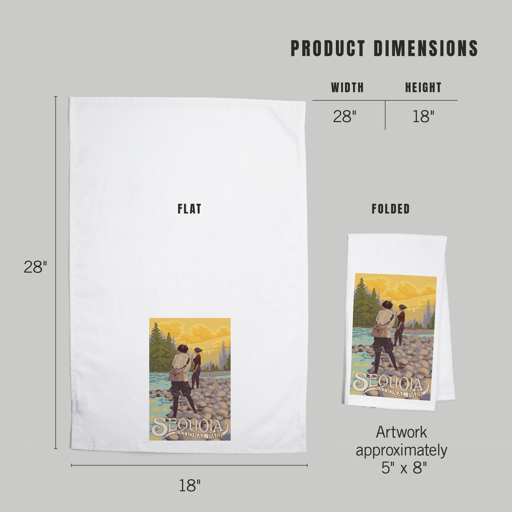 Lantern Press Sequoia National Park Women Fishing Tea Towel - 100% Cotton Decorative Hand Towel for Kitchen, Home Decor & Gifts - Perfect for Dish Drying, Wall Art & Cozy Cabin Decor
