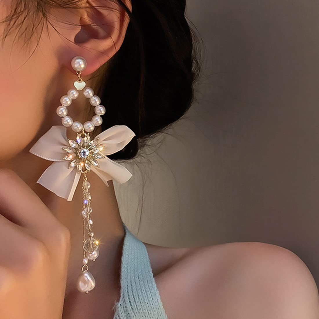 Boho Pearl Drop Earrings for Women – Lightweight Dangle Tassel Bow Earrings with Silver Stud Hoops | Perfect for Weddings, Parties & Everyday Wear