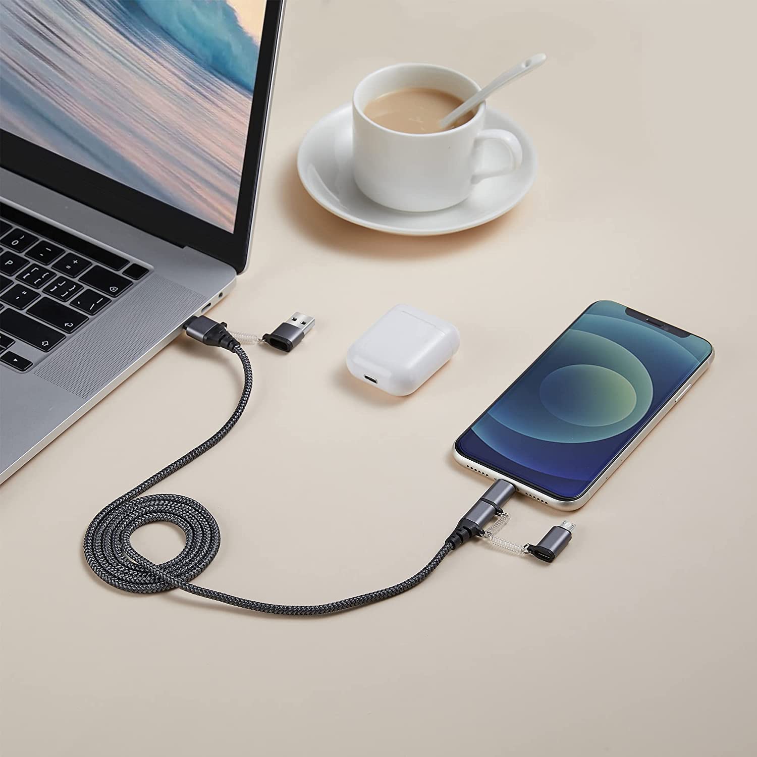 60W PD Multi Charger Cable - USB C to USB C, USB A to Lightning/Type C/Micro USB - Fast Sync & Charge Nylon Braided Cable (6.5ft) - Compatible with iPhone, Kindle, Samsung Galaxy, Huawei | Perfect for Travel, Office & Home Charging