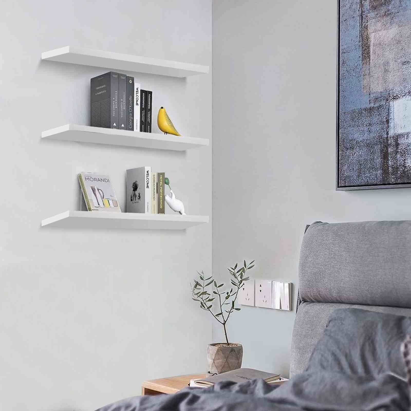 Floating Shelves Set of 3 - Solid Wood Wall Shelves for Bathroom, Bedroom & Kitchen Decor | White Wall Storage