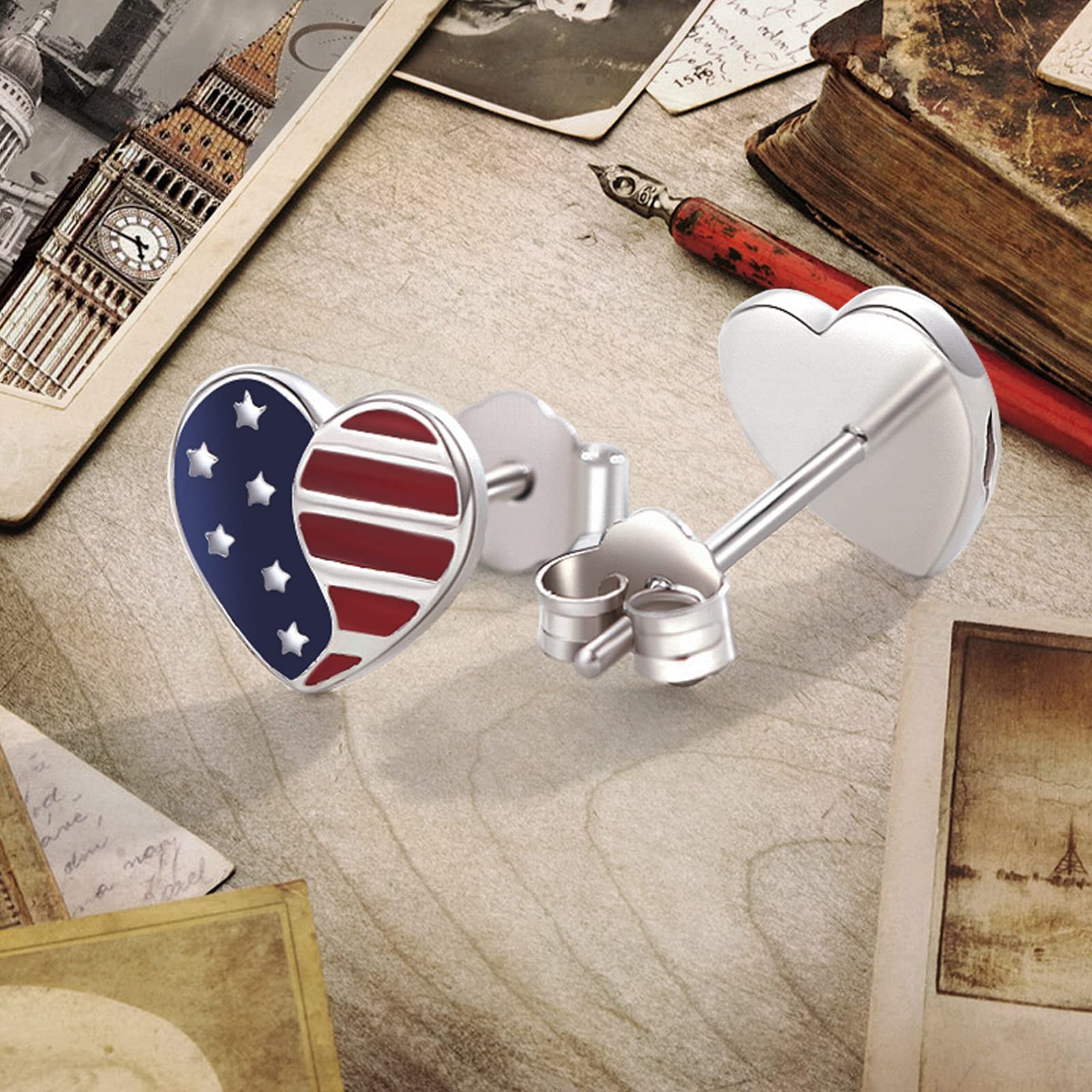 USA Patriotic American Flag Earrings - 925 Sterling Silver Red White Blue Heart Stud Earrings for Independence Day, 4th of July | Unisex Jewelry Gift for Men & Women | Perfect for National Holidays, Parties & Patriotic Events
