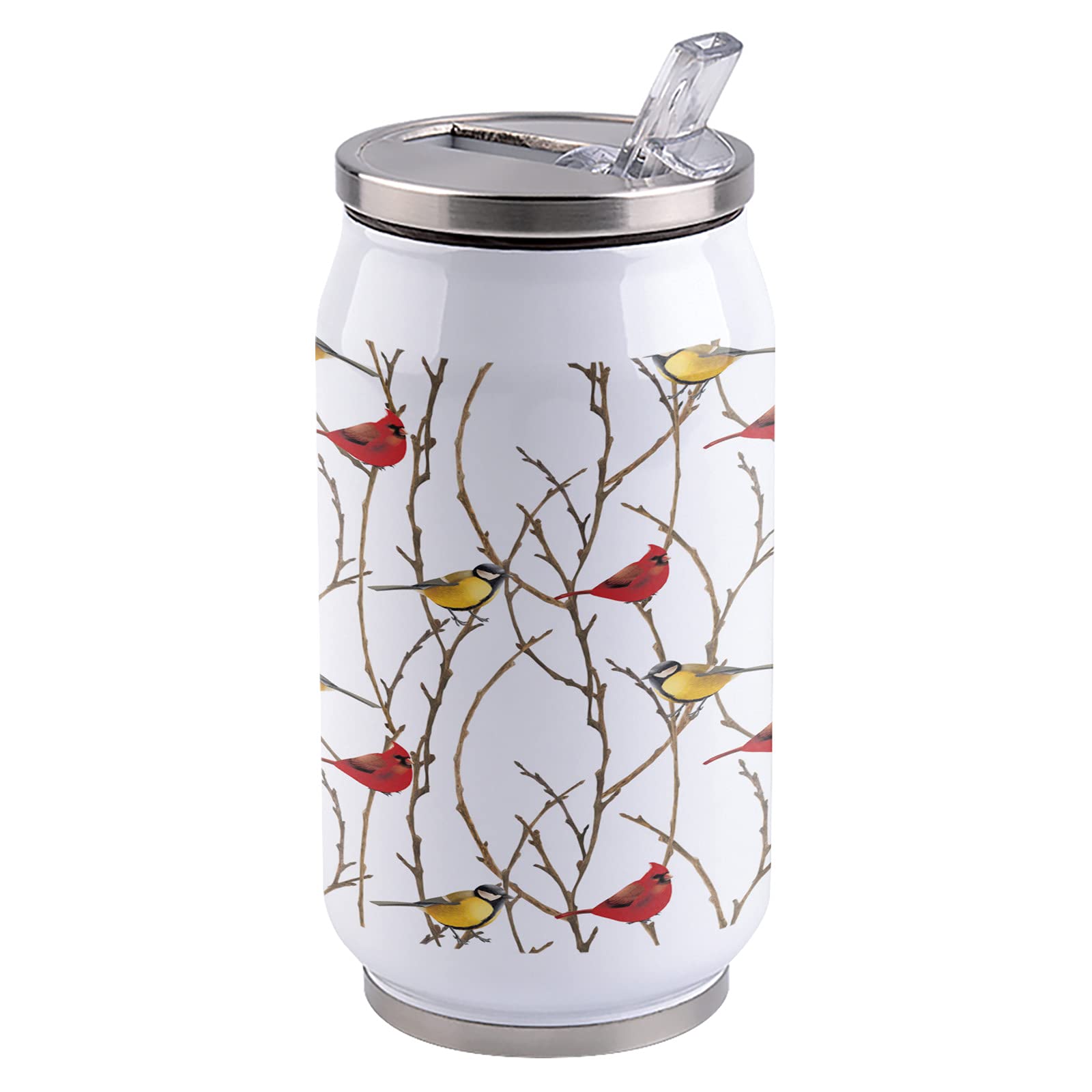 Stainless Steel Travel Mug with Straw & Lid - 14oz Double Wall Vacuum Insulated Coffee Cup, Red Yellow Bird & Branches Cartoon Design - Keeps Drinks Hot/Cold for Hours - Perfect for Home, Office, Travel, Camping, Picnics & Outdoor Activities