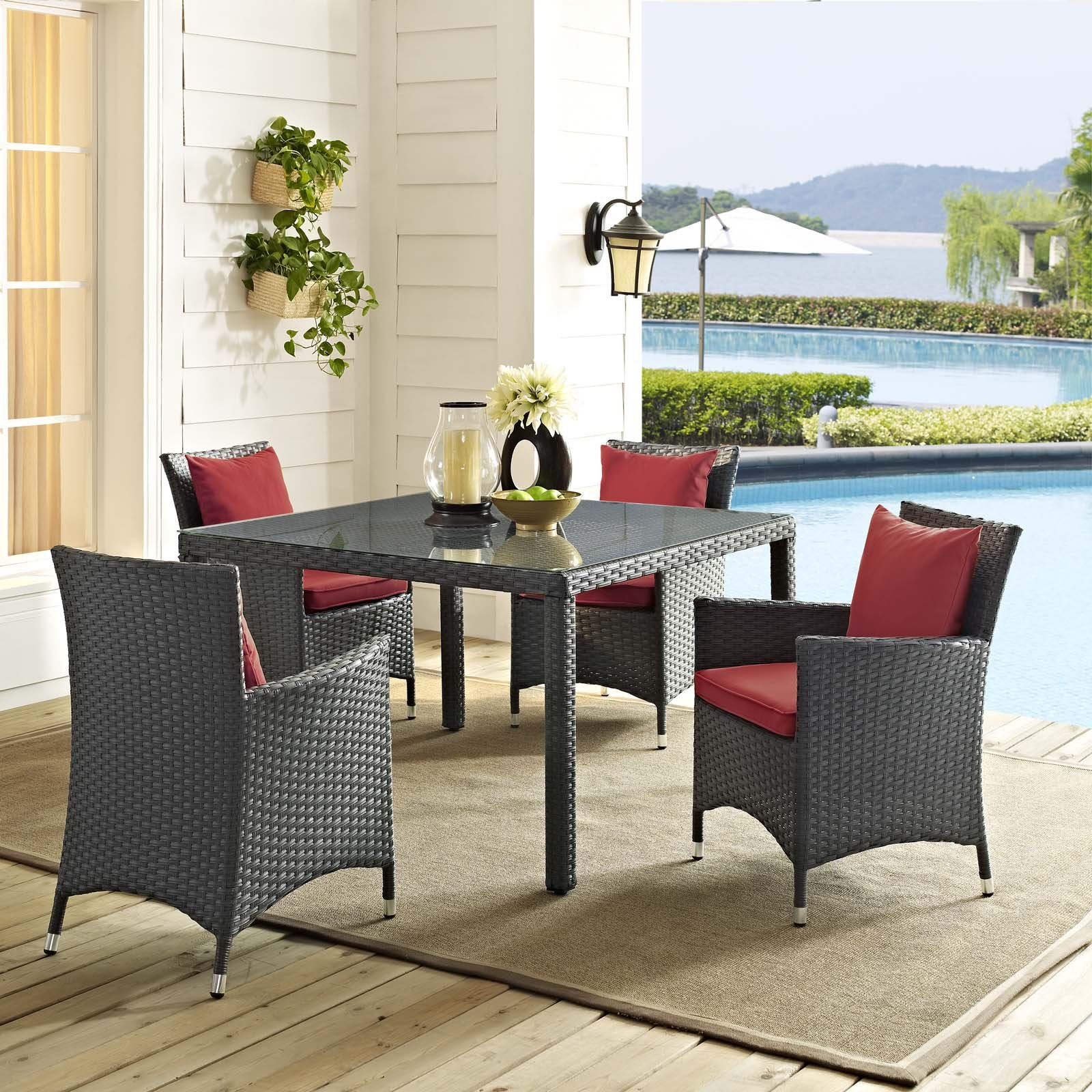Modway EEI-2243-CHC-RED-SET Sojourn Wicker Rattan Outdoor Patio Dining Chairs Set of 4 - Sunbrella Canvas Red Armchairs for Garden, Poolside & Backyard Relaxation