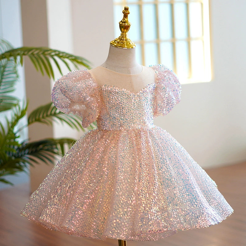 Pink Princess Round Tea Length Organza Flower Girl Dress for Weddings, Birthday Parties & Special Occasions