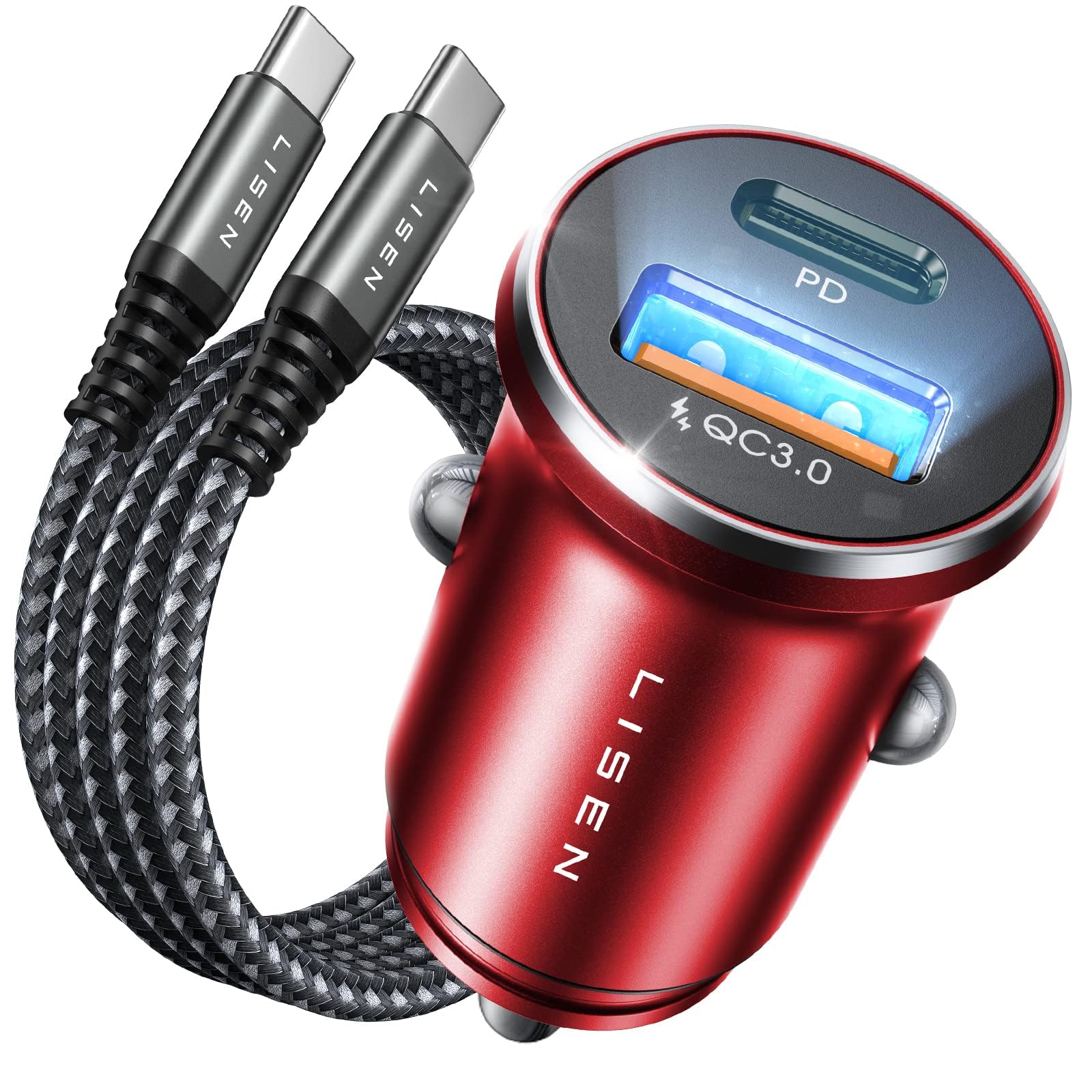 LISEN 54W USB C Car Charger Dual Port Fast Charging - QC3.0 & PD36W Cigarette Lighter Adapter for iPhone 16/15 Pro Max/Mini/Plus, Samsung Galaxy S23/S22 (Red) - Perfect for Road Trips & Daily Commutes