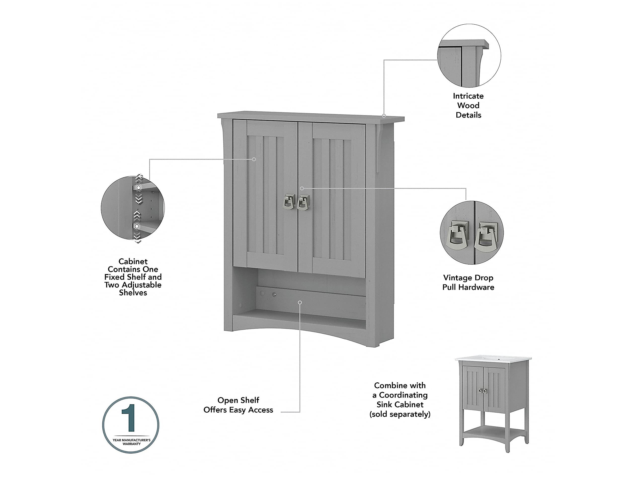 Bush Furniture Salinas Bathroom Wall Cabinet with Doors - Cape Cod Gray - Space Saving Storage for Towels, Toiletries & Bathroom Essentials