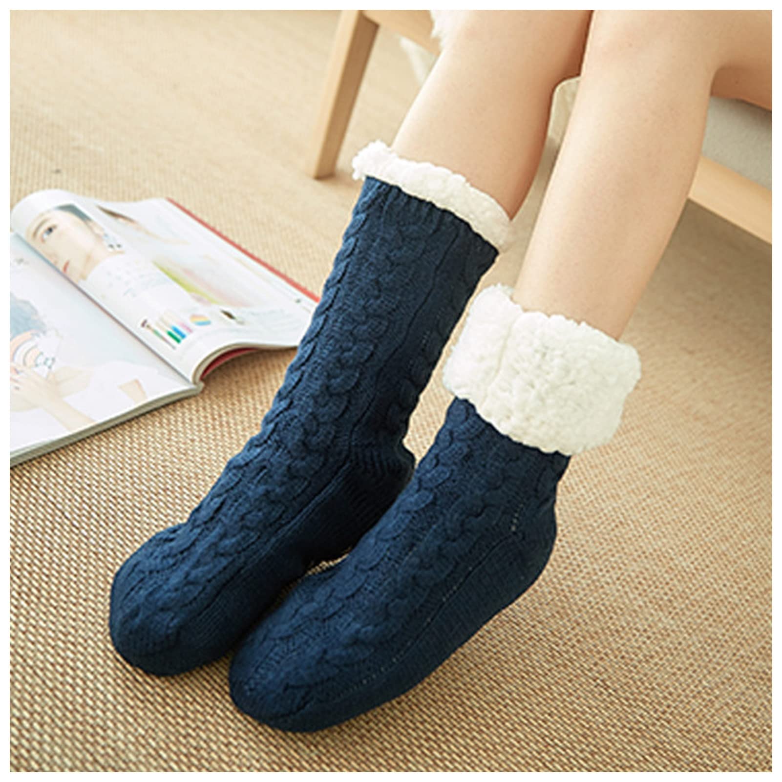 Warm Wool Socks for Women & Men - Thick Terry Winter Slippers for Home, Sleep & Christmas - Cozy Carpet Woolen Socks (Navy, One Size 36-42) - Perfect for Indoor Comfort & Holiday Gifting