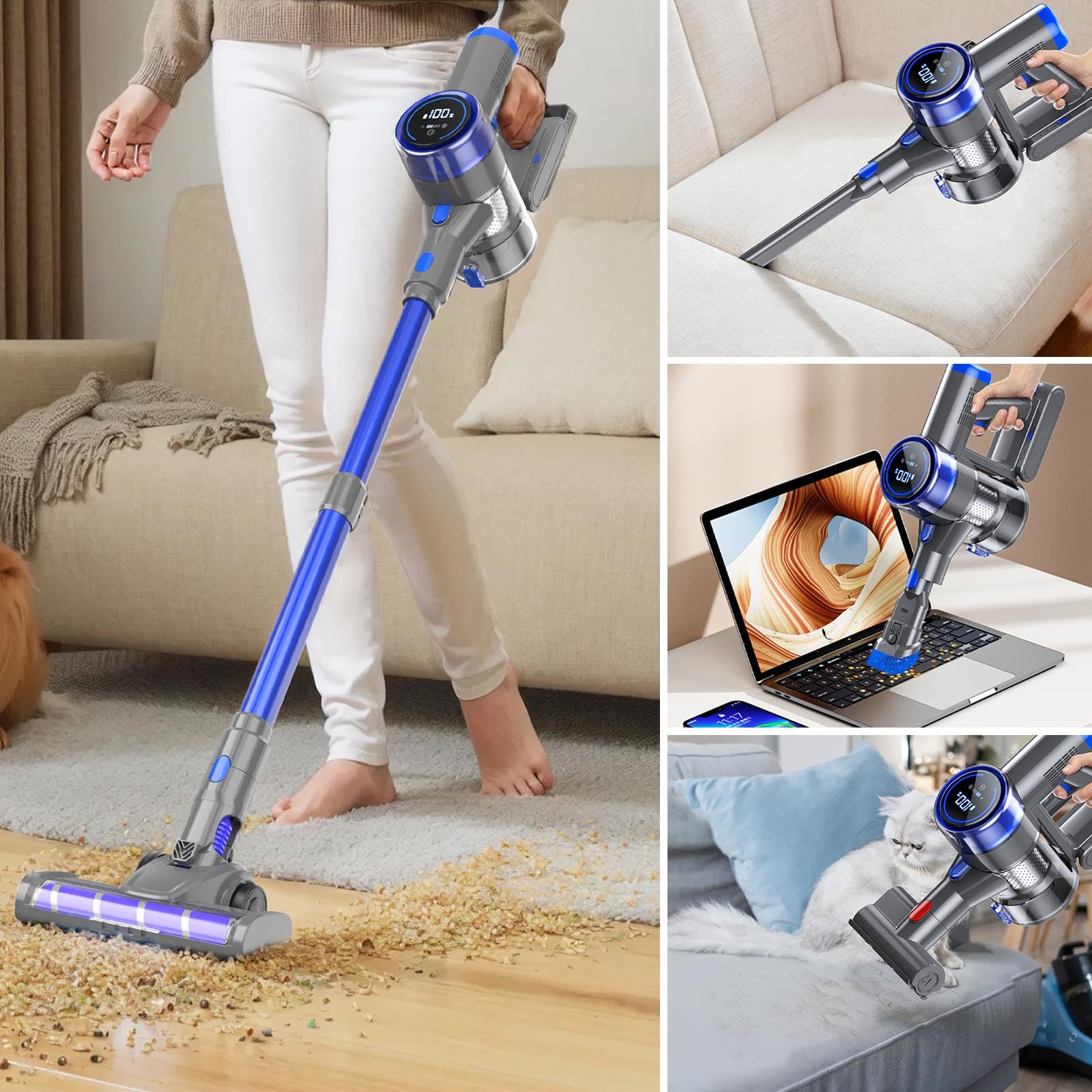 Powerful 33KPa/400W Cordless Stick Vacuum Cleaner with 45Min Detachable Battery - 6-in-1 Lightweight Vacuum for Hardwood Floors, Pet Hair & Carpets | Perfect for Home Cleaning & Pet Owners