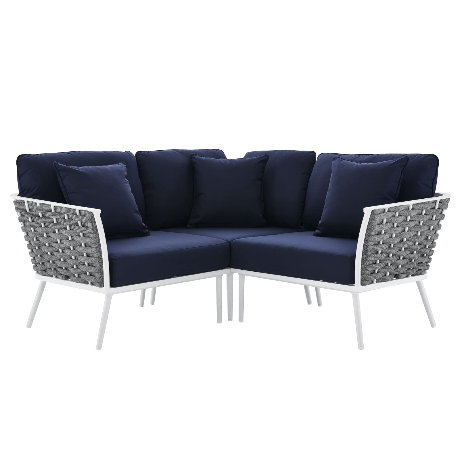 Modway Stance Outdoor Patio Woven Rope Aluminum Sectional Sofa - Small 2-Piece Set in White & Navy Blue | Perfect for Poolside, Garden, Deck & Backyard Relaxation