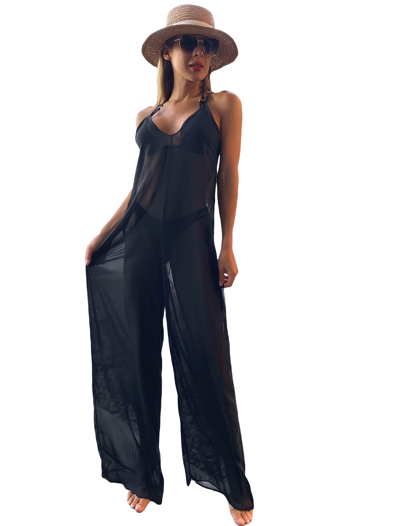 WDIRARA Women's Sheer Mesh Cover Up Jumpsuit - Sexy See Through V Neck Sleeveless Swimsuit Cover Up for Beach, Pool Party & Summer Vacation
