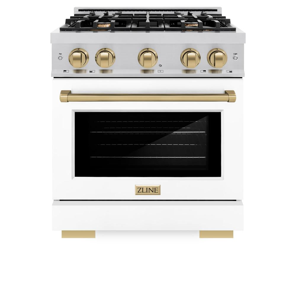 ZLINE Autograph Edition 30-inch 4.2 cu. ft. Gas Range with 4 Burner Cooktop & Convection Oven - Stainless Steel with White Matte Door & Champagne Bronze Accents (HGRZ WM 30 CB) - Perfect for Modern Kitchens & Professional Cooking