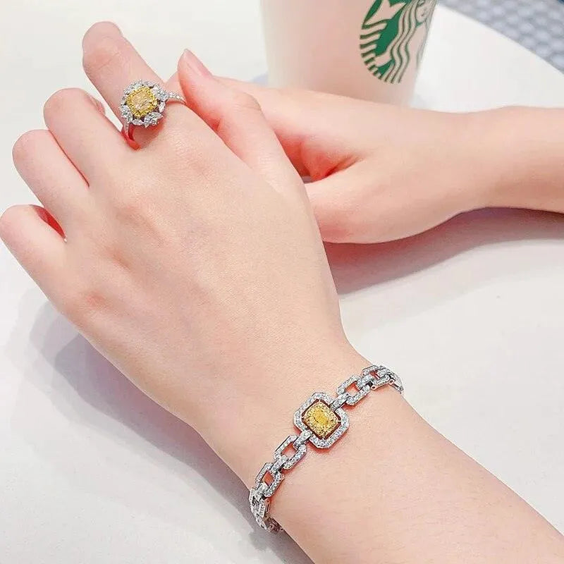 18K White Gold Bracelet with Natural Yellow Diamonds - Luxury Geometric Jewelry for Women - Perfect for Senior Banquets, Weddings & Special Occasions